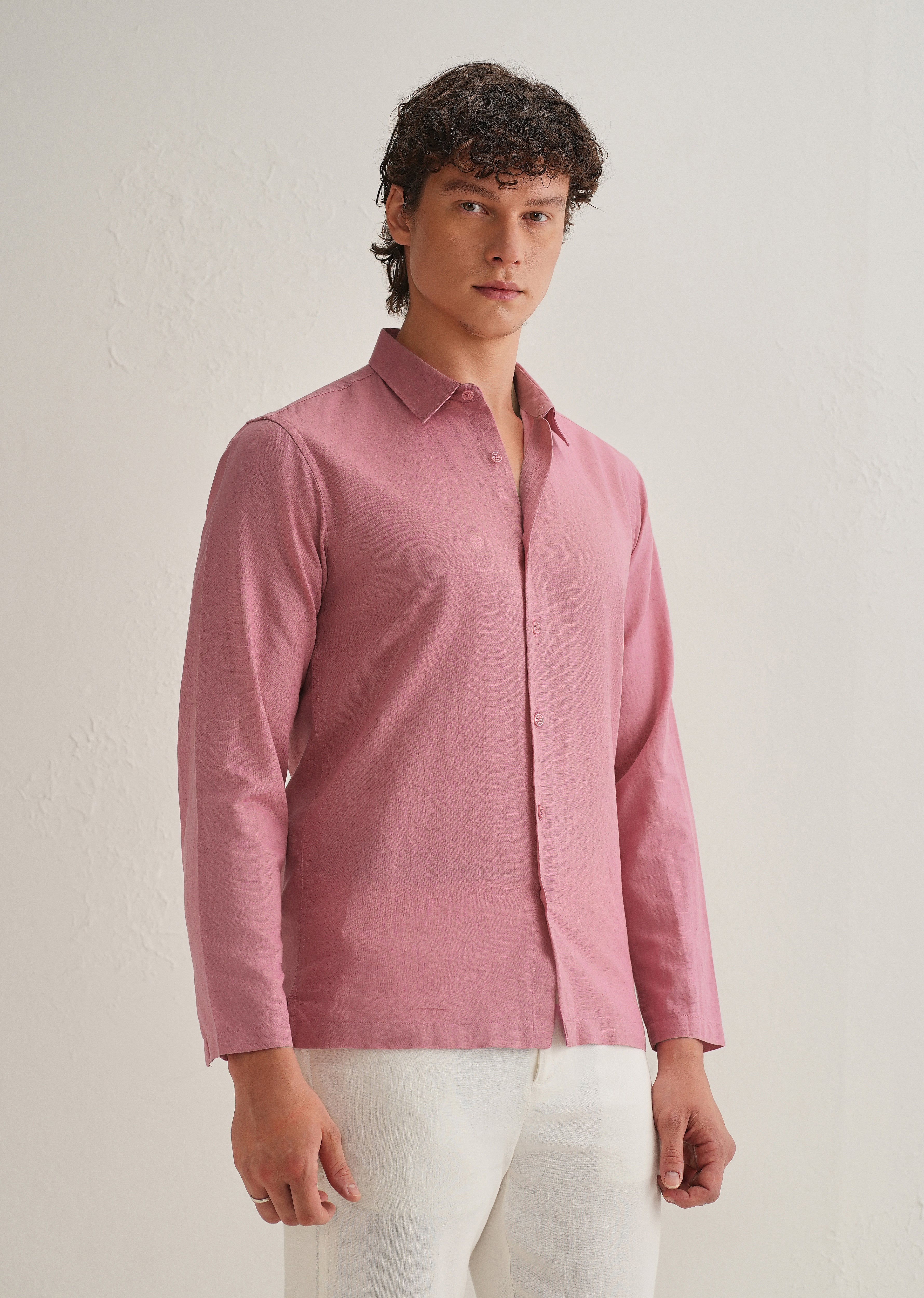 Pink Hidden Sleeve Placket Cotton Linen Shirt