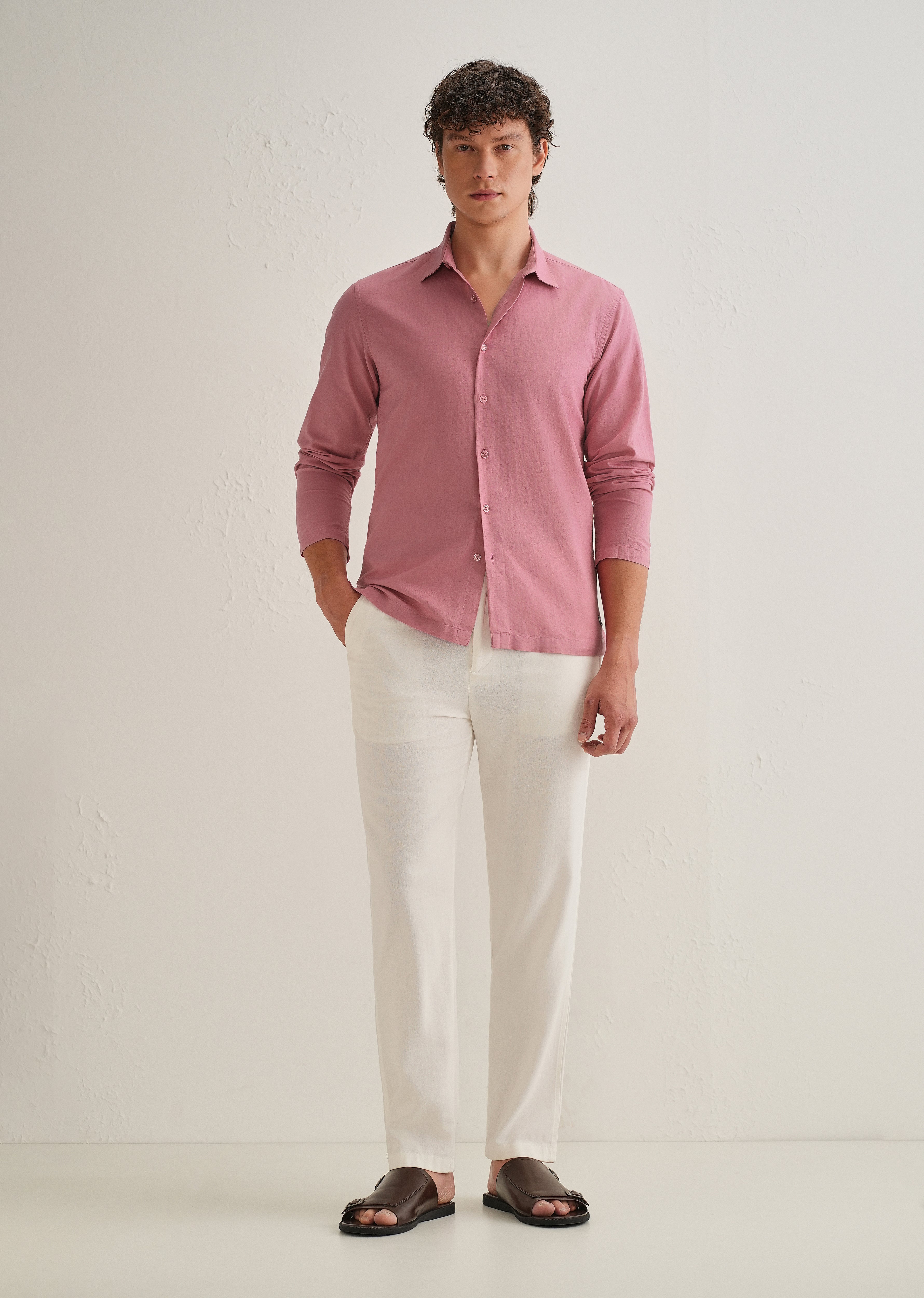 Pink Hidden Sleeve Placket Cotton Linen Shirt