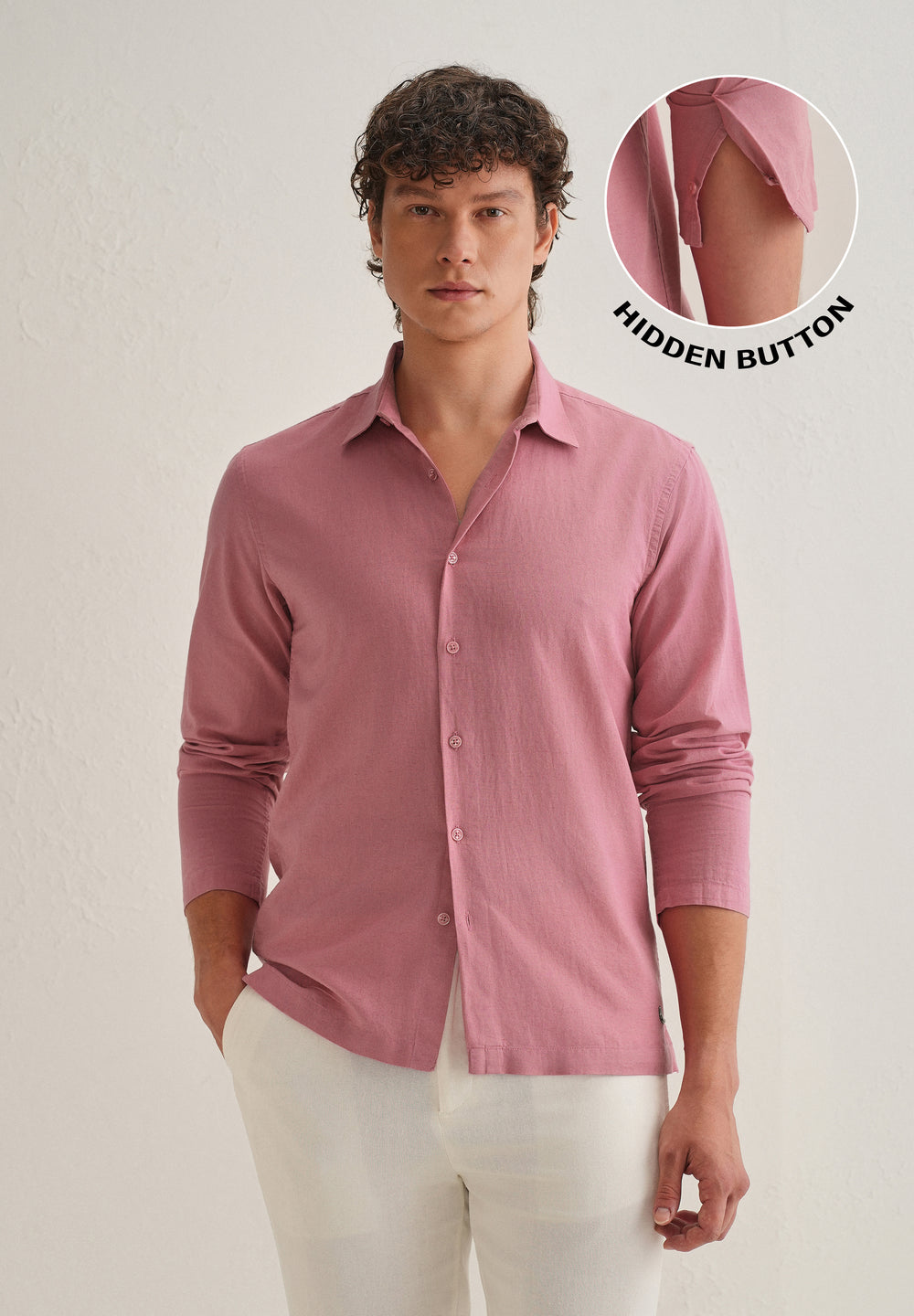 Pink Hidden Sleeve Placket Cotton Linen Shirt