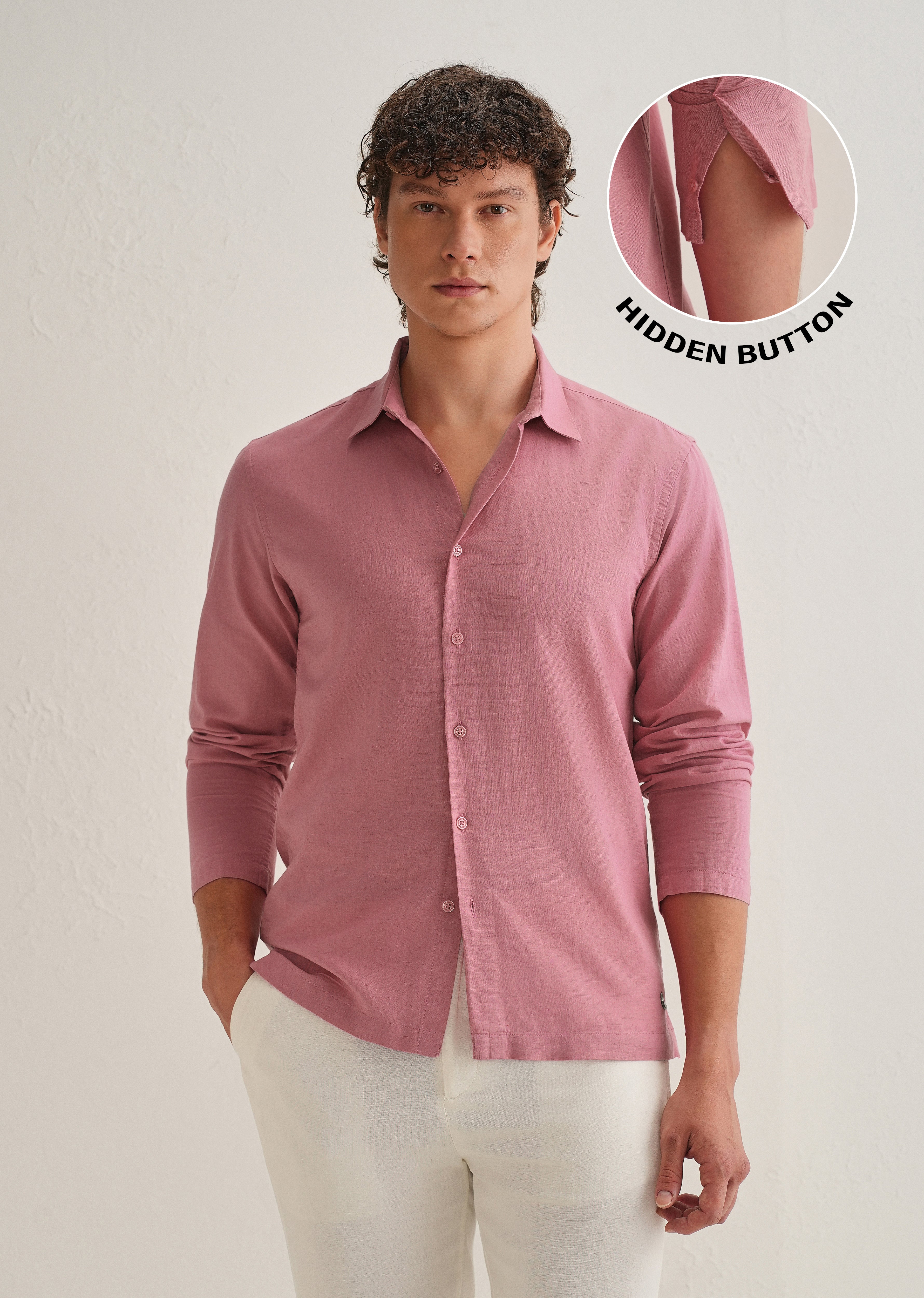Pink Hidden Sleeve Placket Cotton Linen Shirt