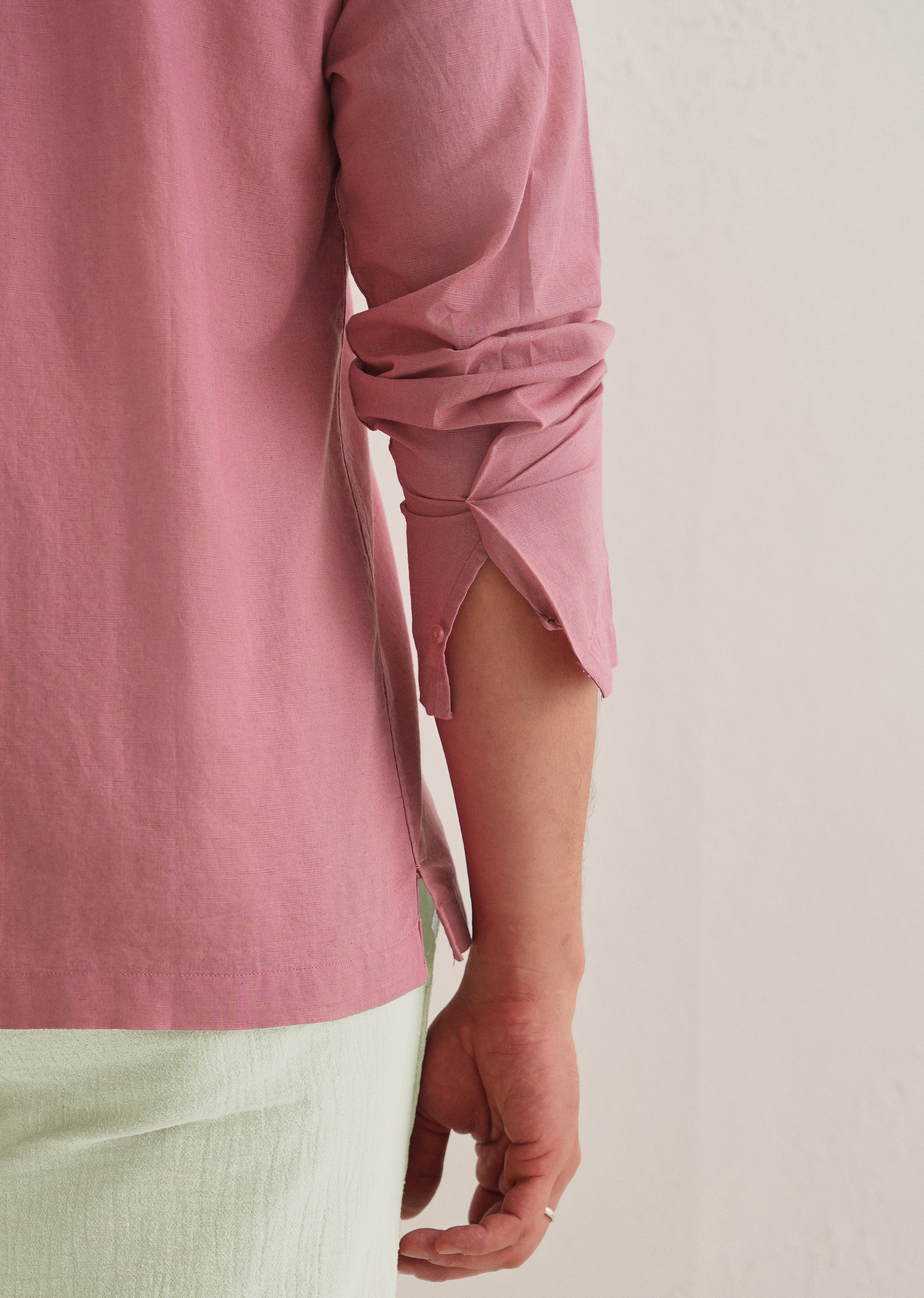 Pink Hidden Sleeve Placket Cotton Linen Shirt