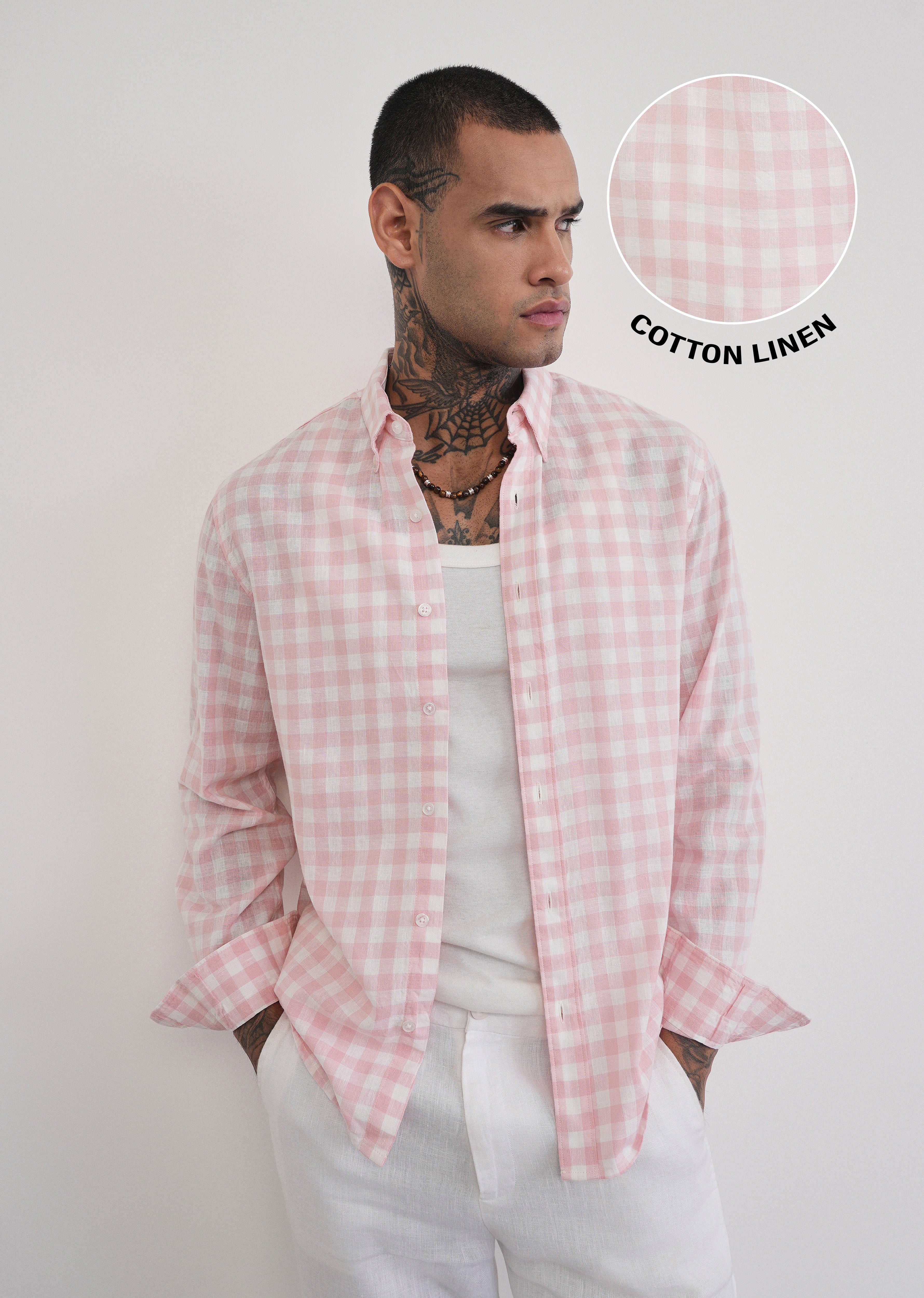 Pink Lyocell Linen Blend Check Shirt