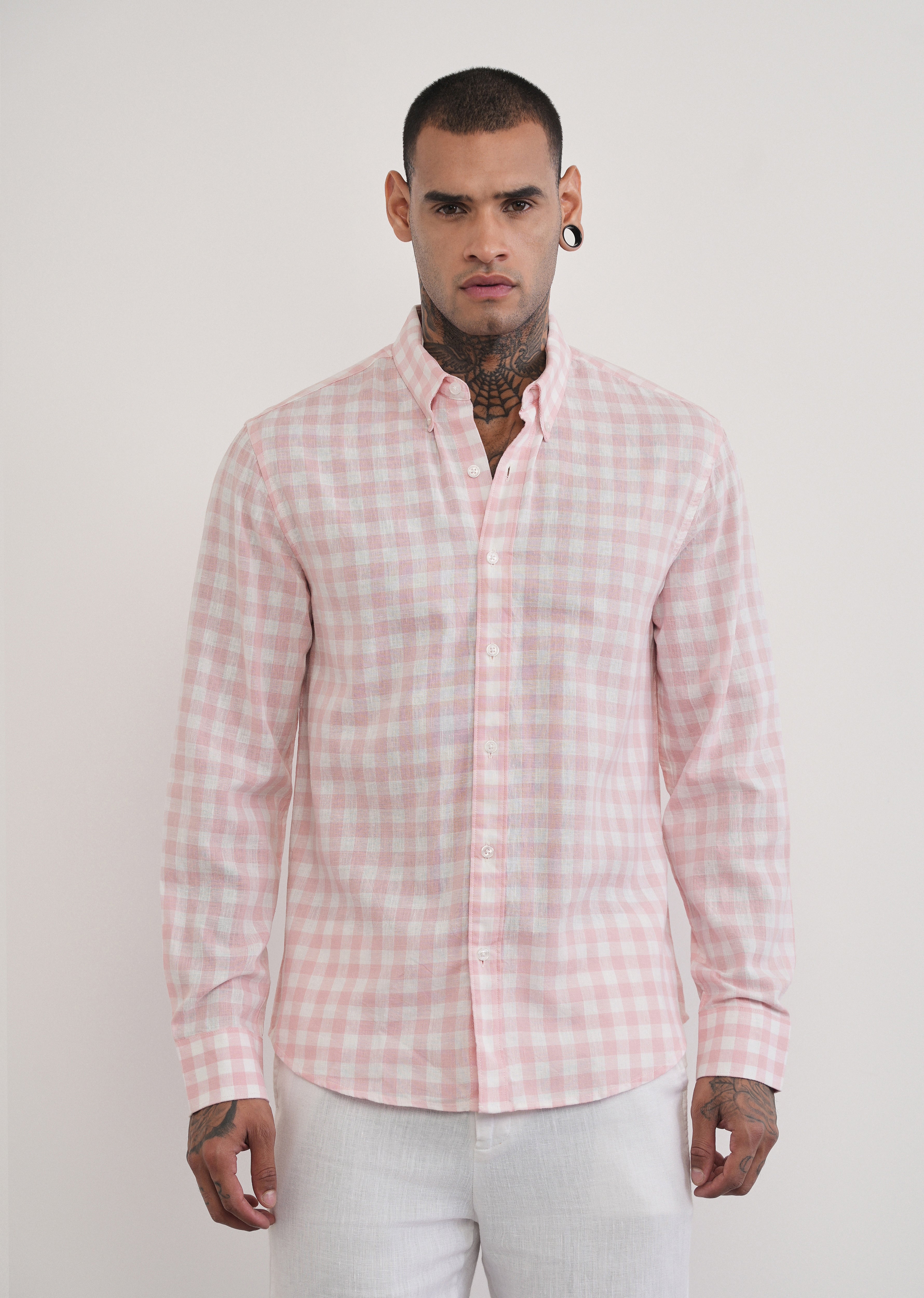 Pink Lyocell Linen Blend Check Shirt