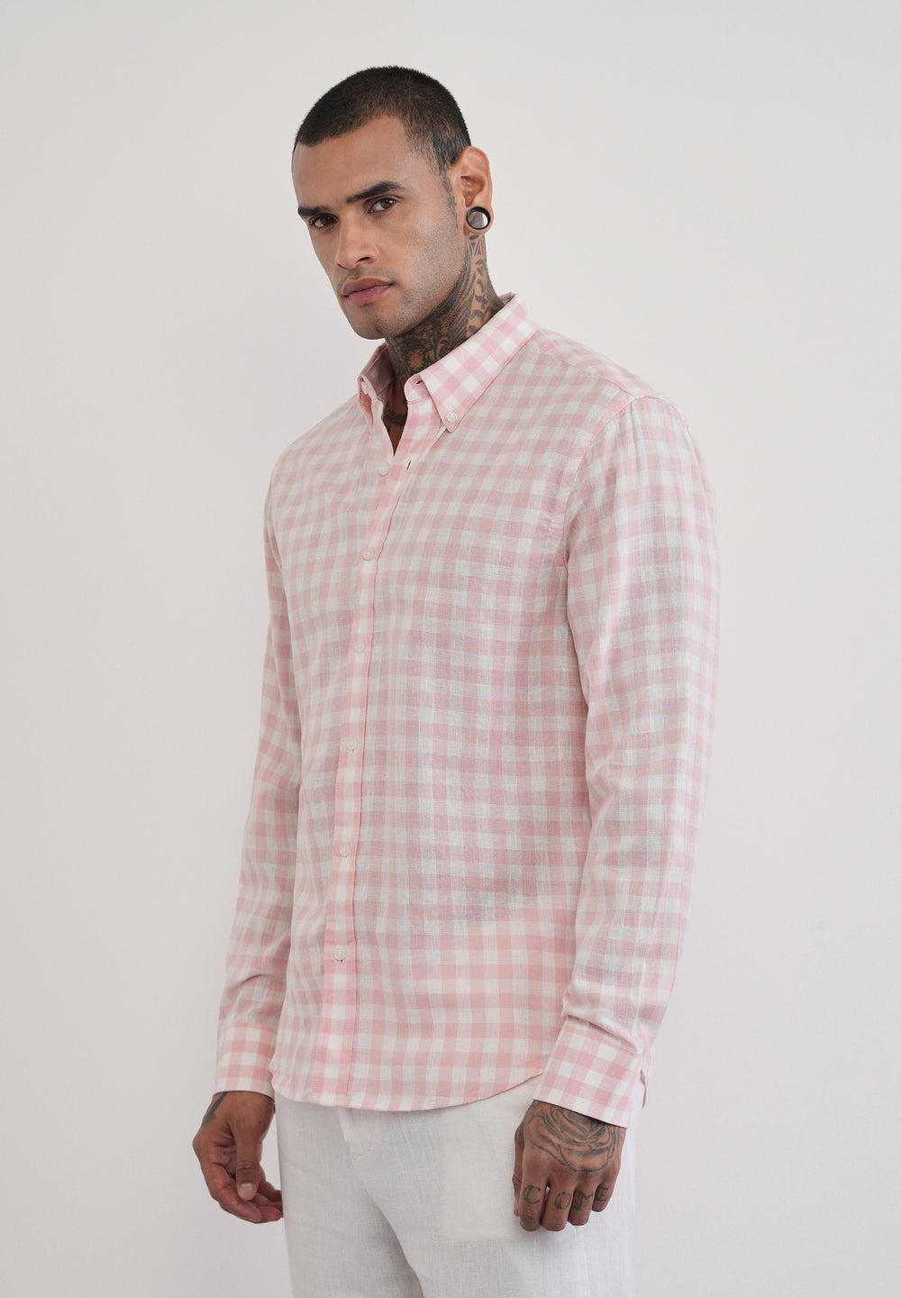 Pink Lyocell Linen Blend Check Shirt