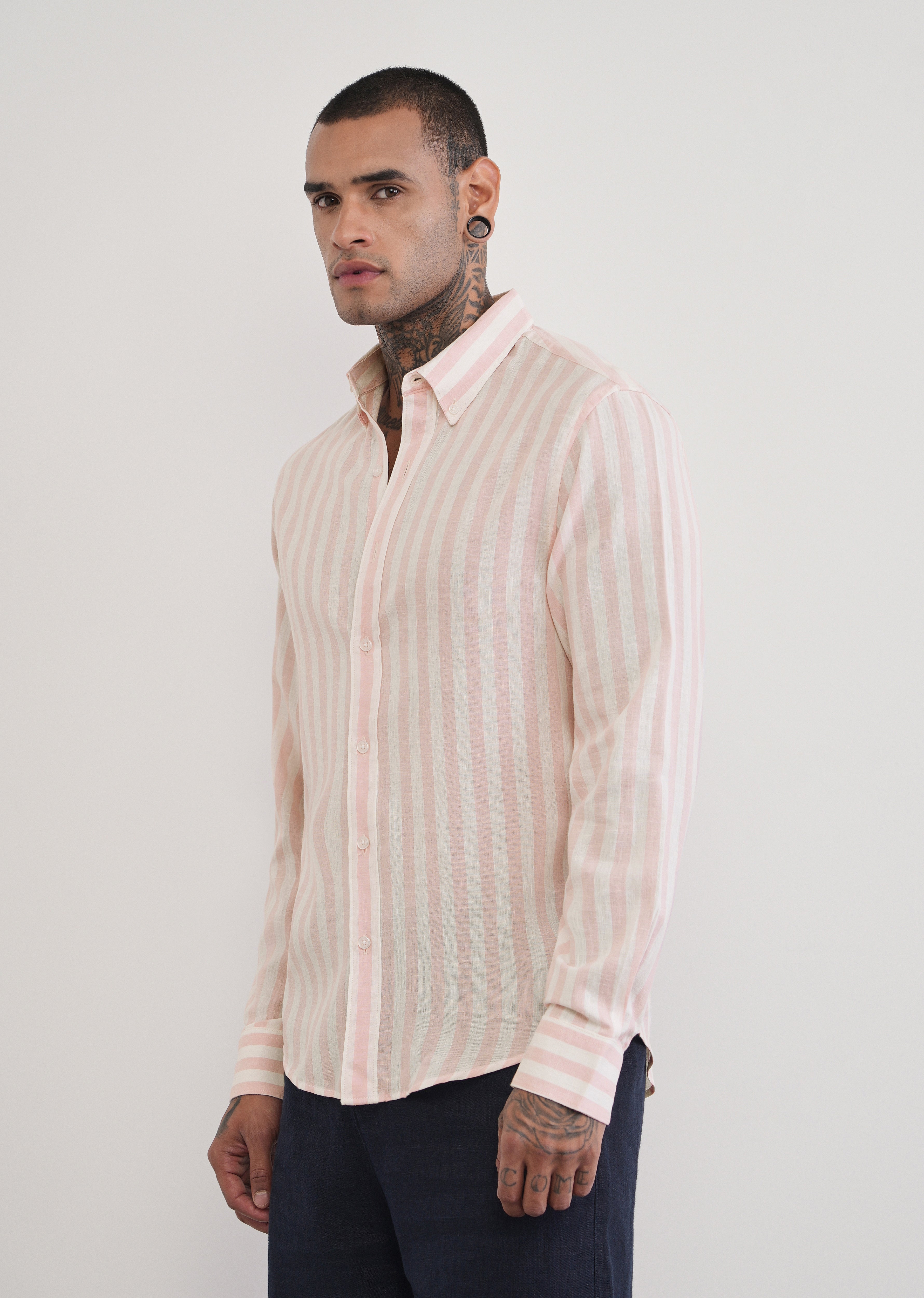 Pink Lyocell Linen Blend Stripe Shirt