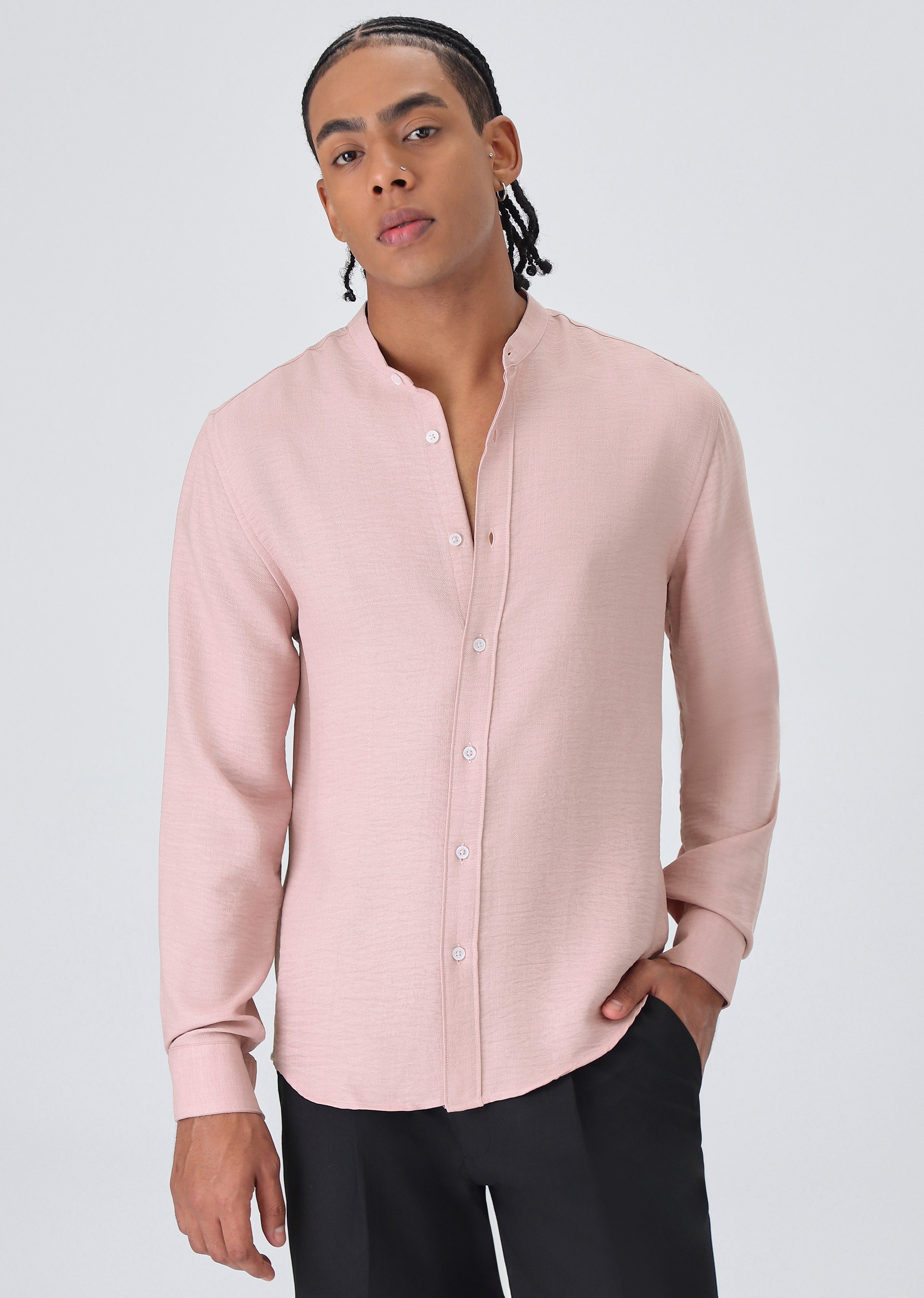 Pink Plain Mandarin Collar Shirt