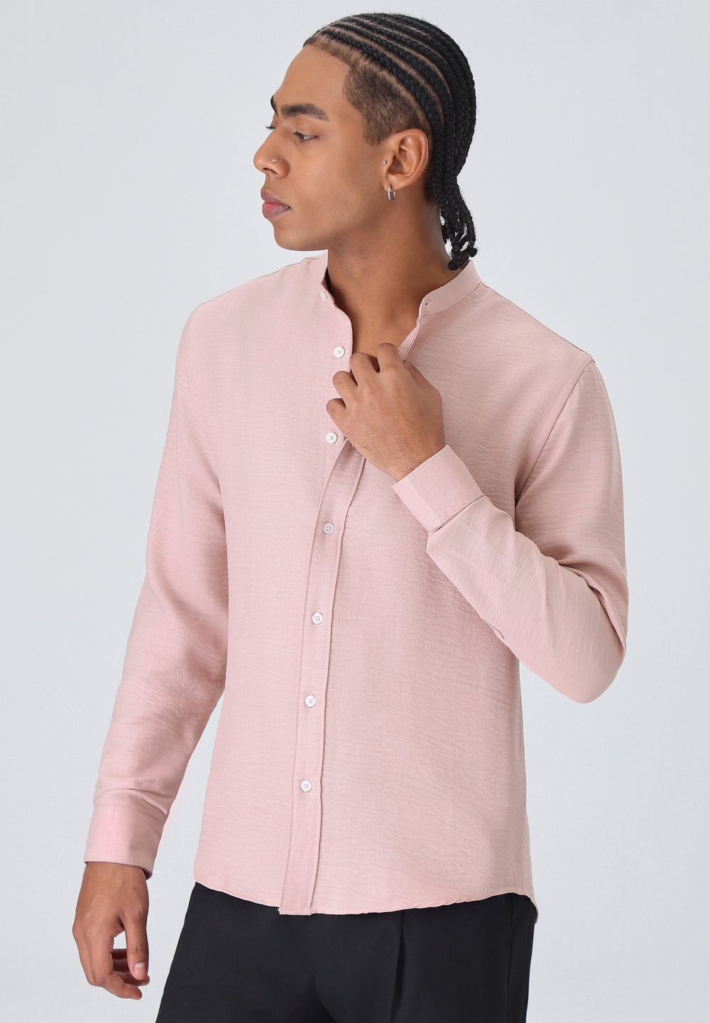 Pink Plain Mandarin Collar Shirt