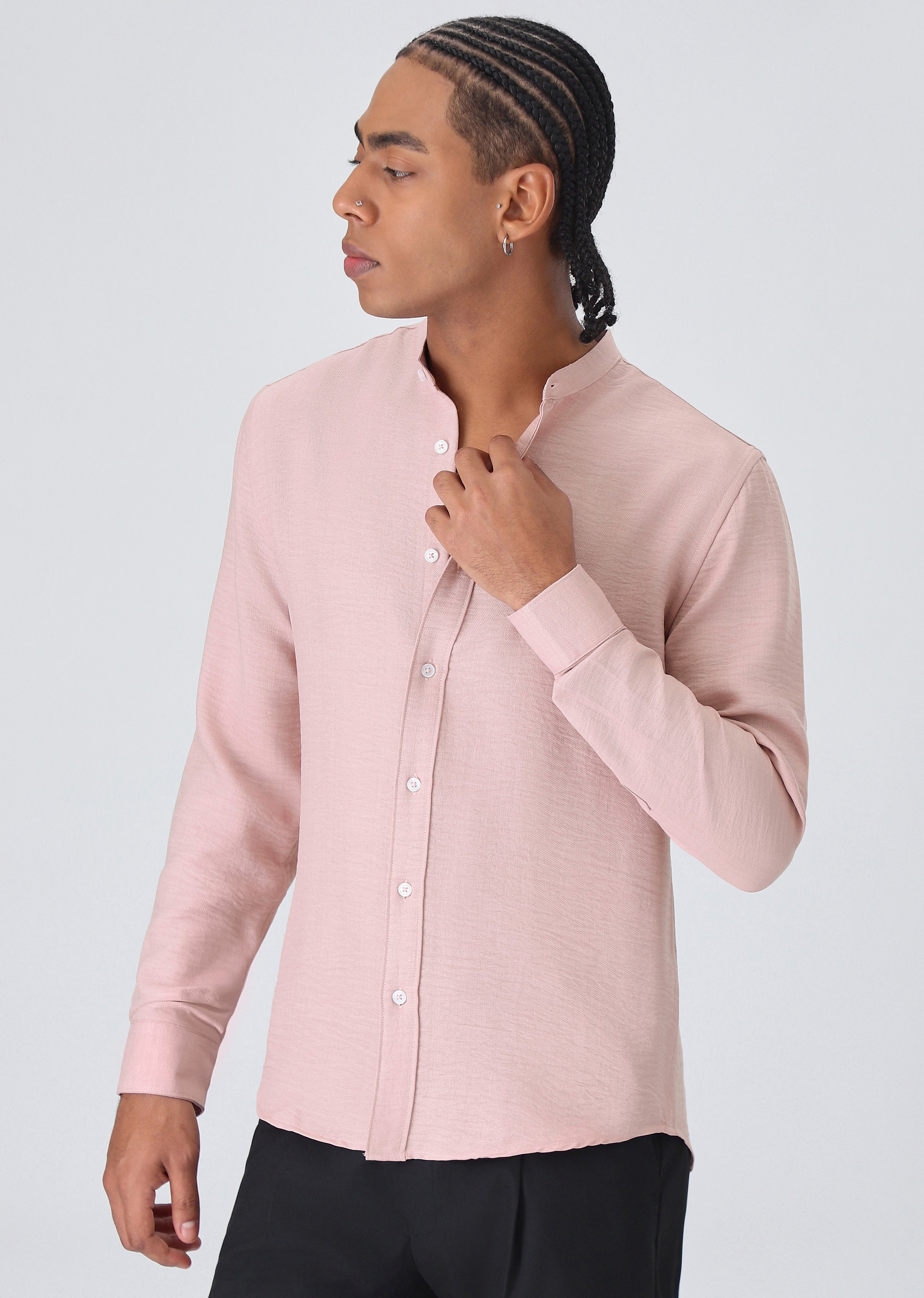 Pink Plain Mandarin Collar Shirt