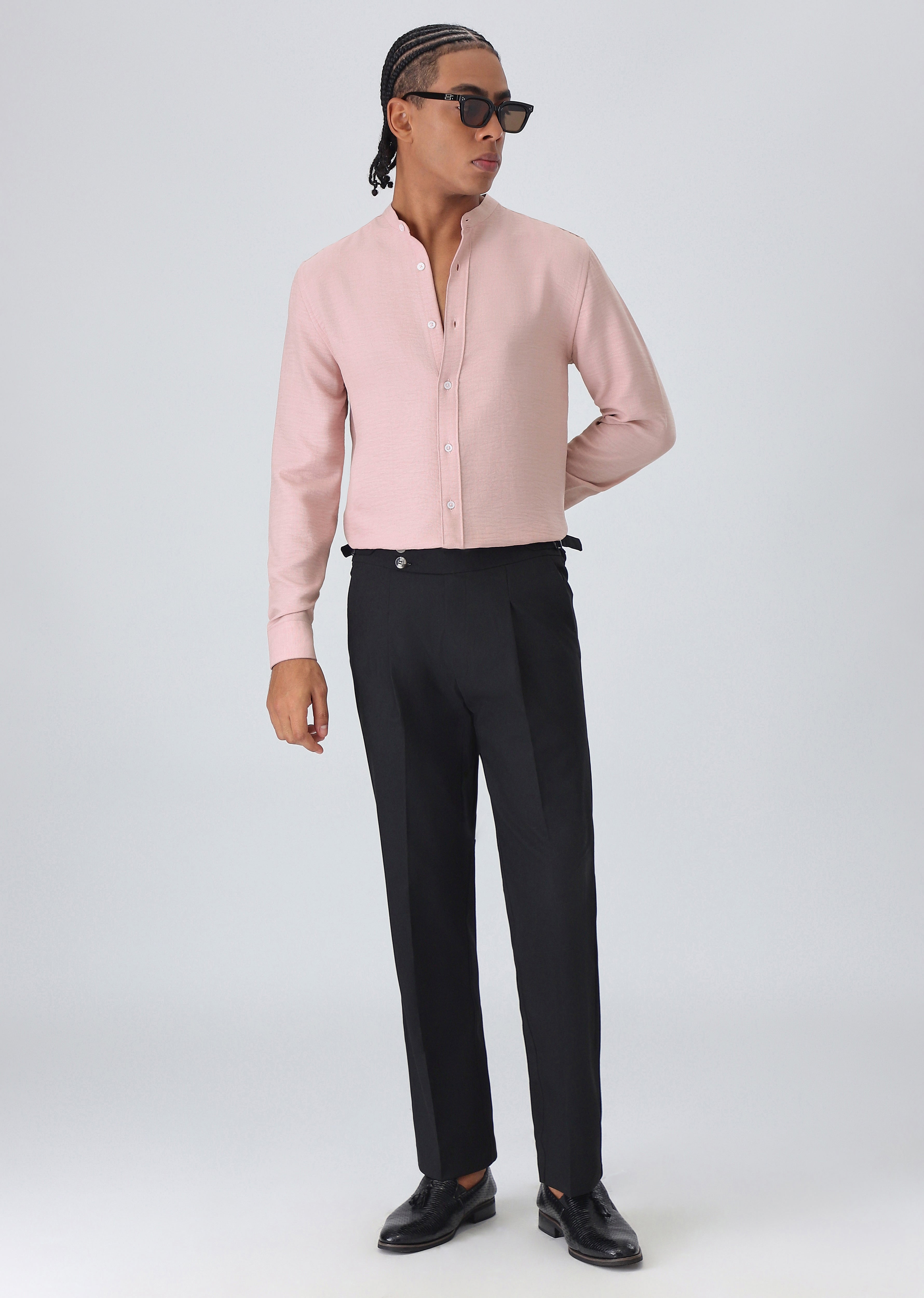 Pink Plain Mandarin Collar Shirt