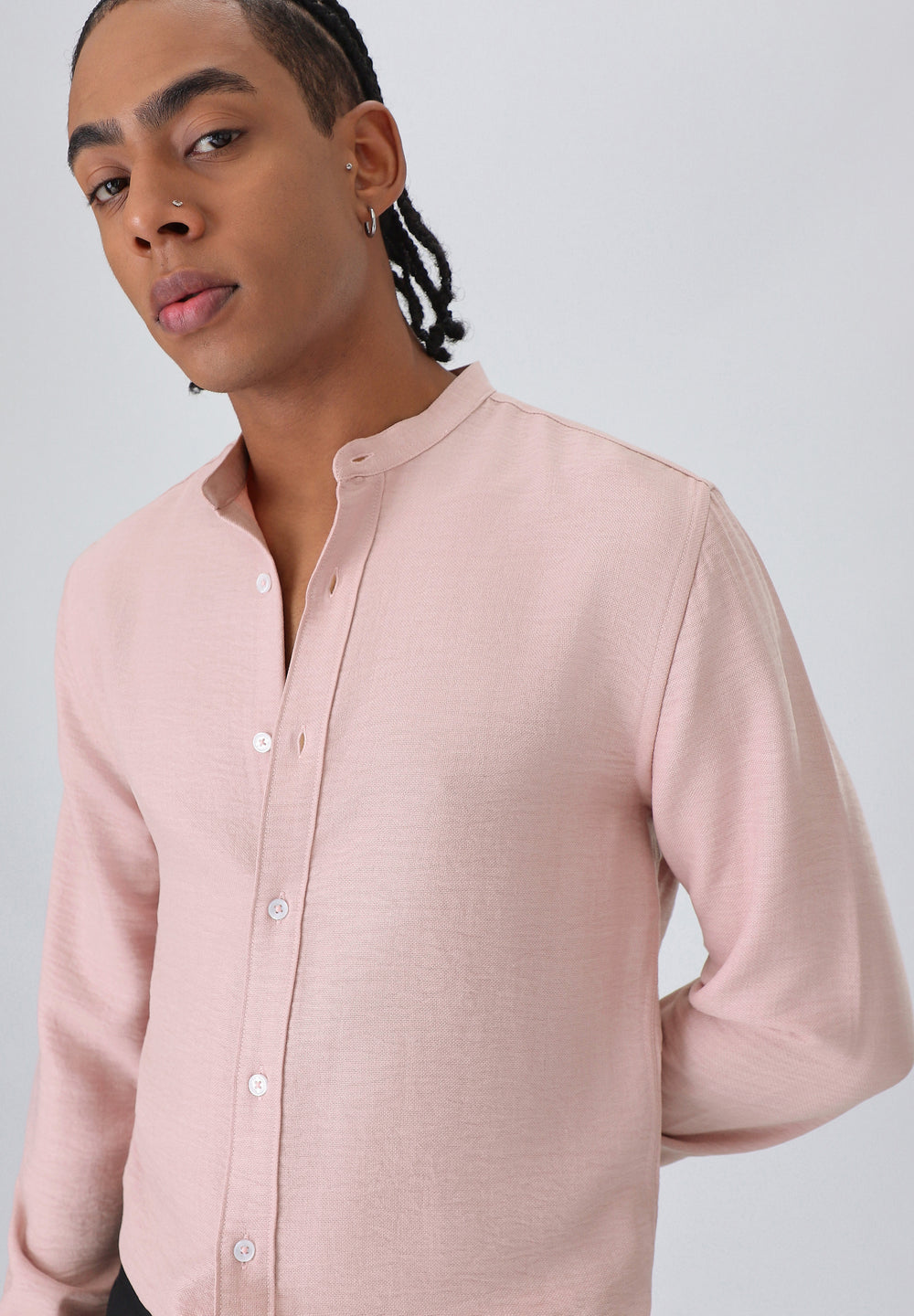 Pink Plain Mandarin Collar Shirt