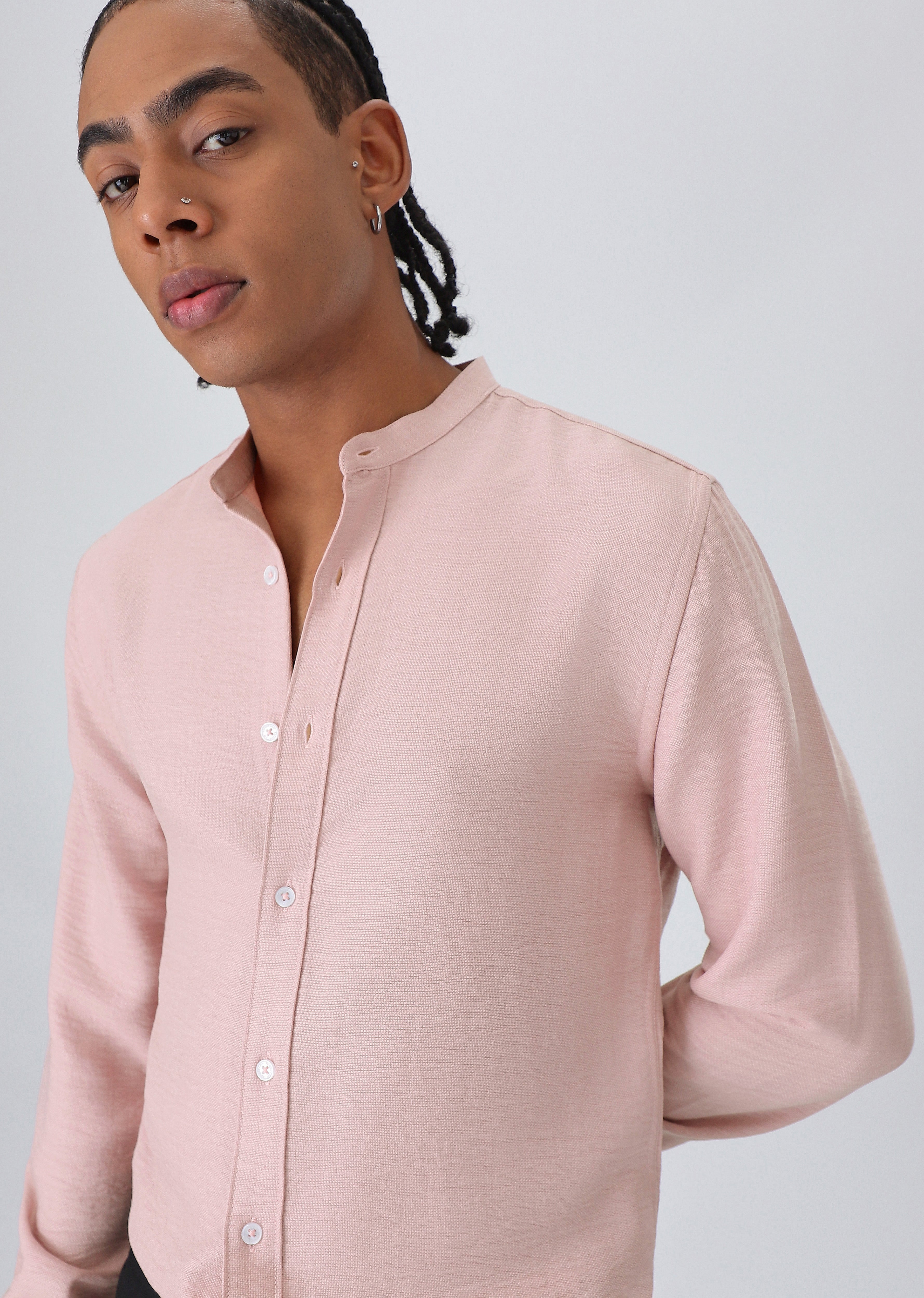 Pink Plain Mandarin Collar Shirt