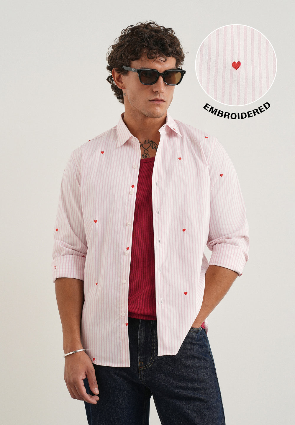 Pink Mini Heart Embroidered Stripe Shirt