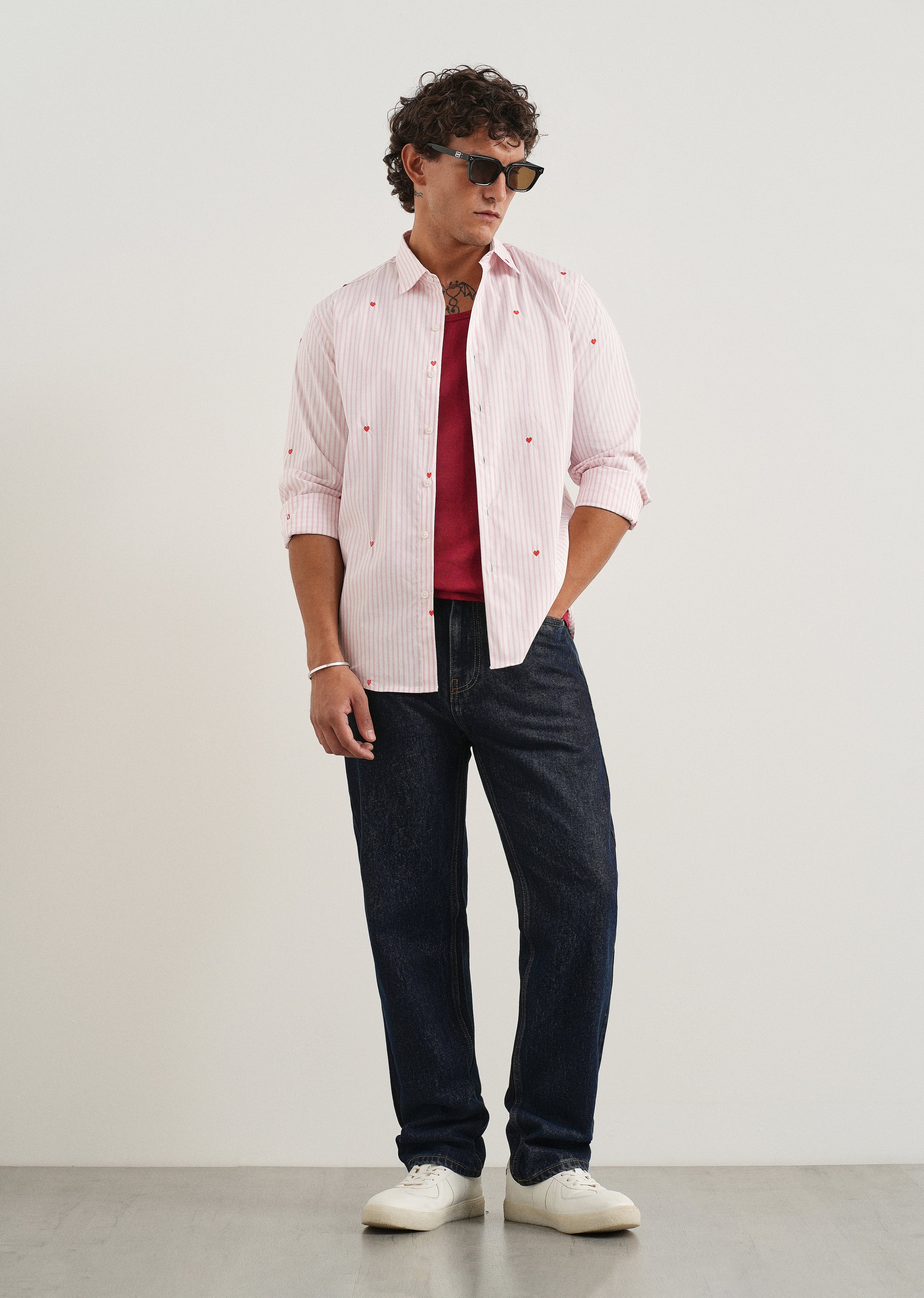 Pink Mini Heart Embroidered Stripe Shirt