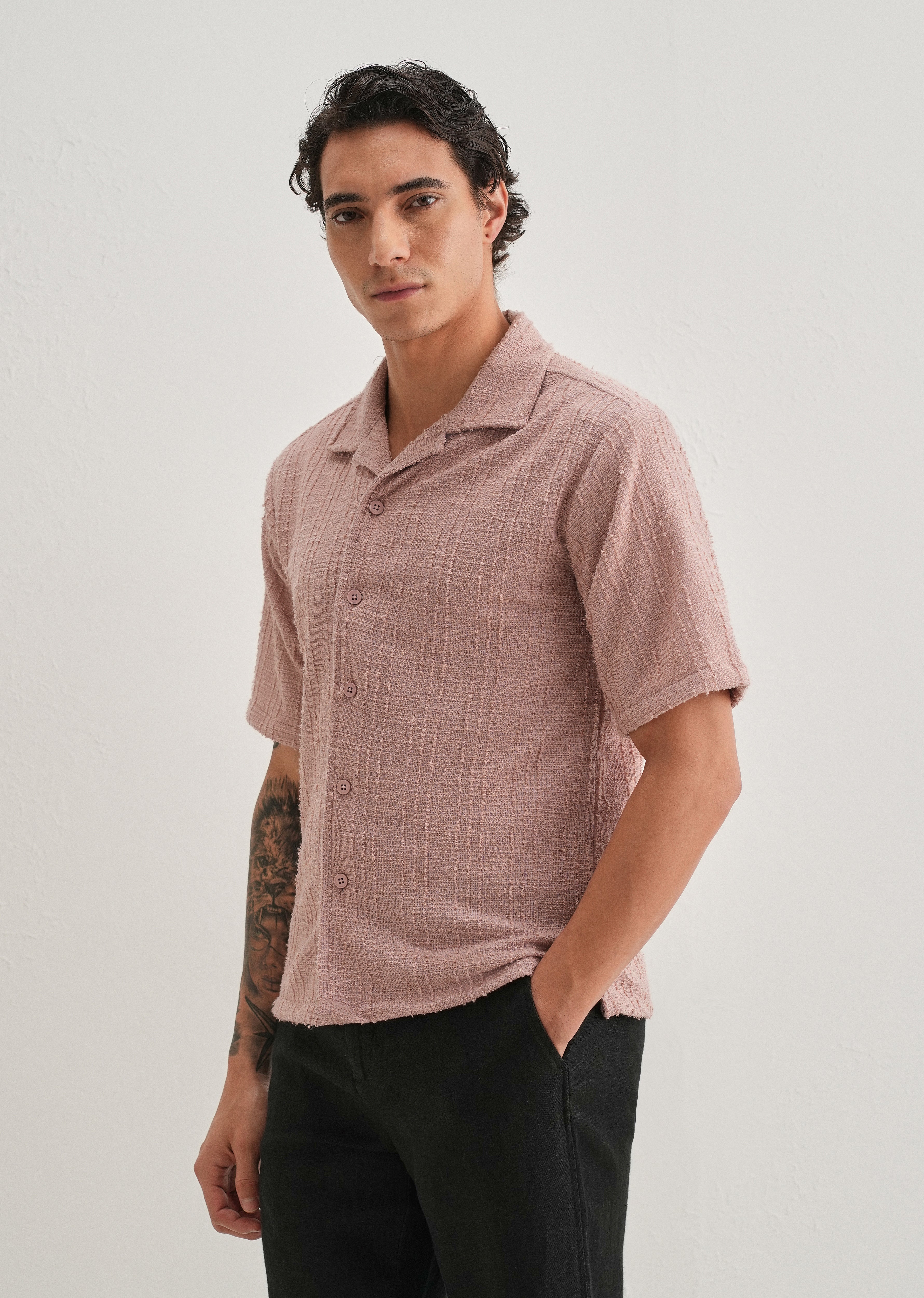 Pink Plain Cuban Collar Knitted Shirt