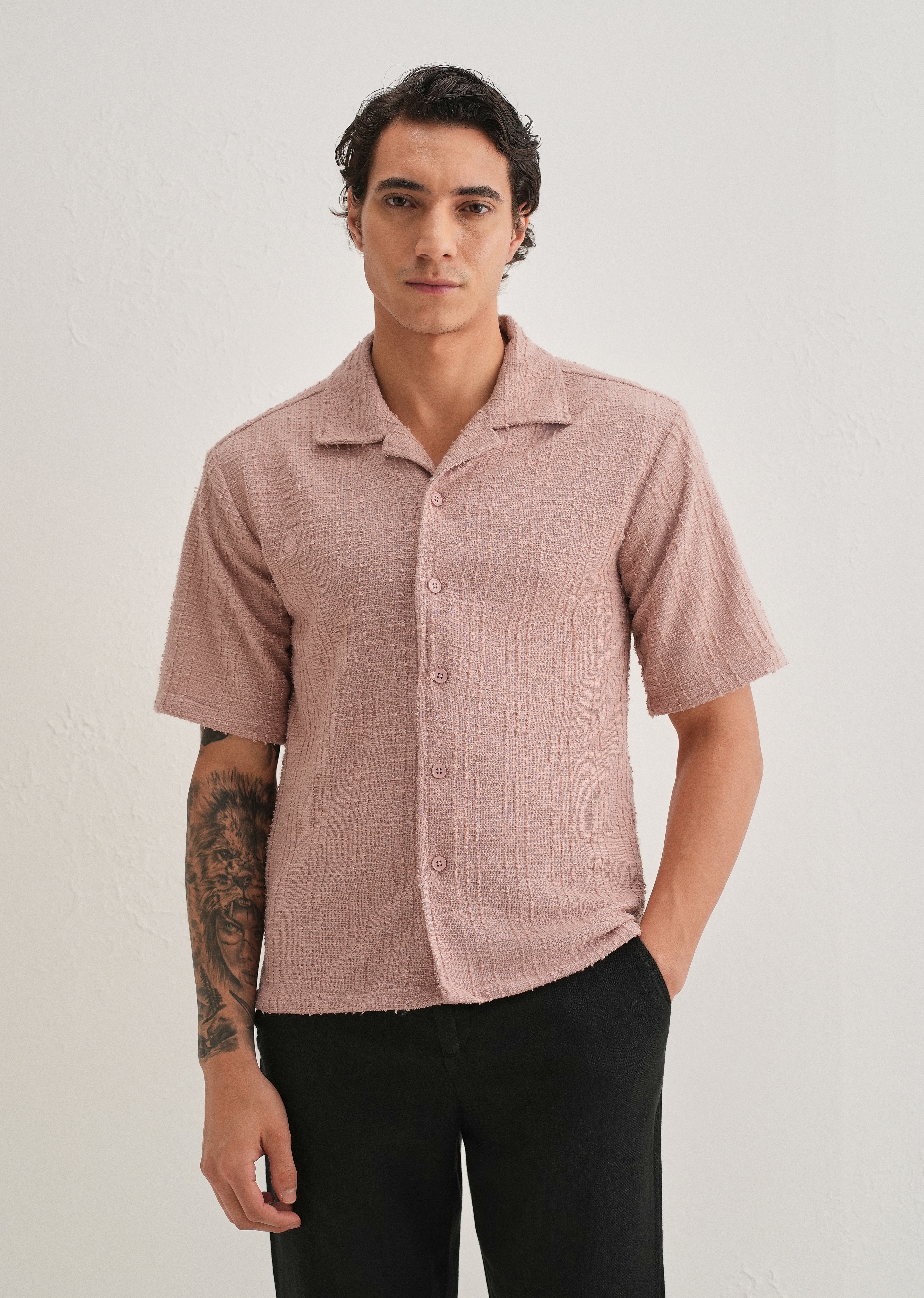 Pink Plain Cuban Collar Knitted Shirt