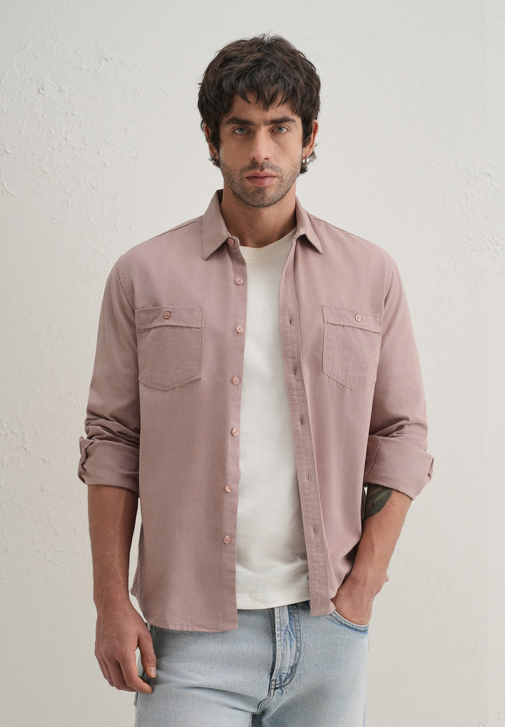 Pink Plain Double Pocket Shirt