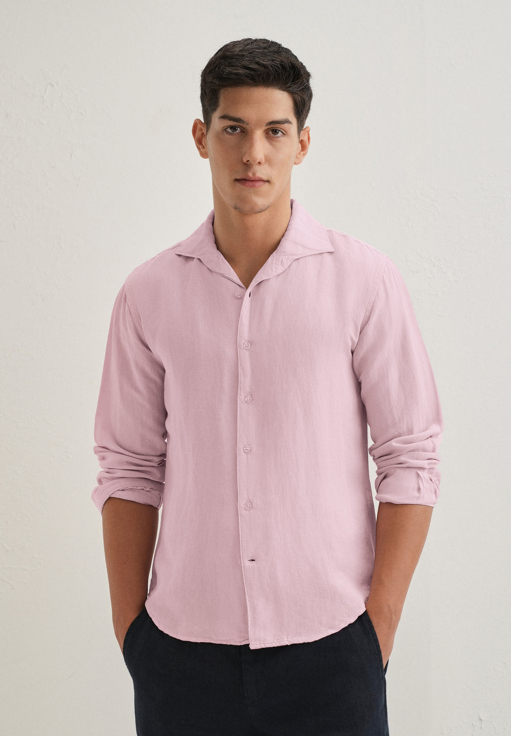 Pink Plain Linen Blend Shirt