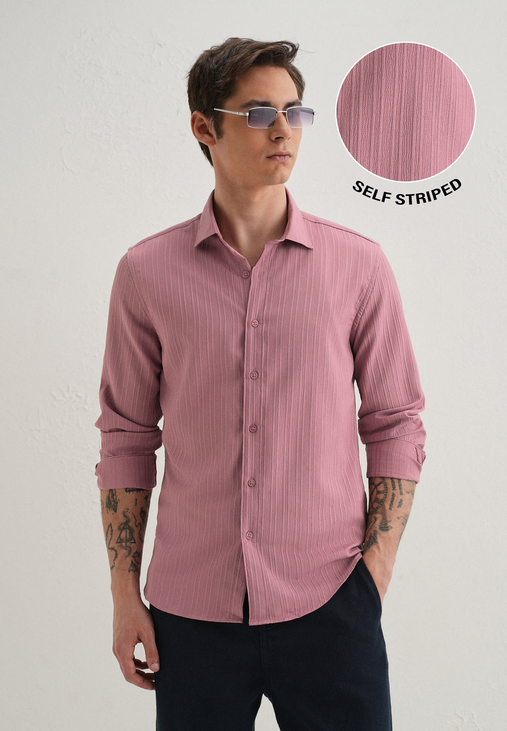 Pink Plain Self Striped Shirt