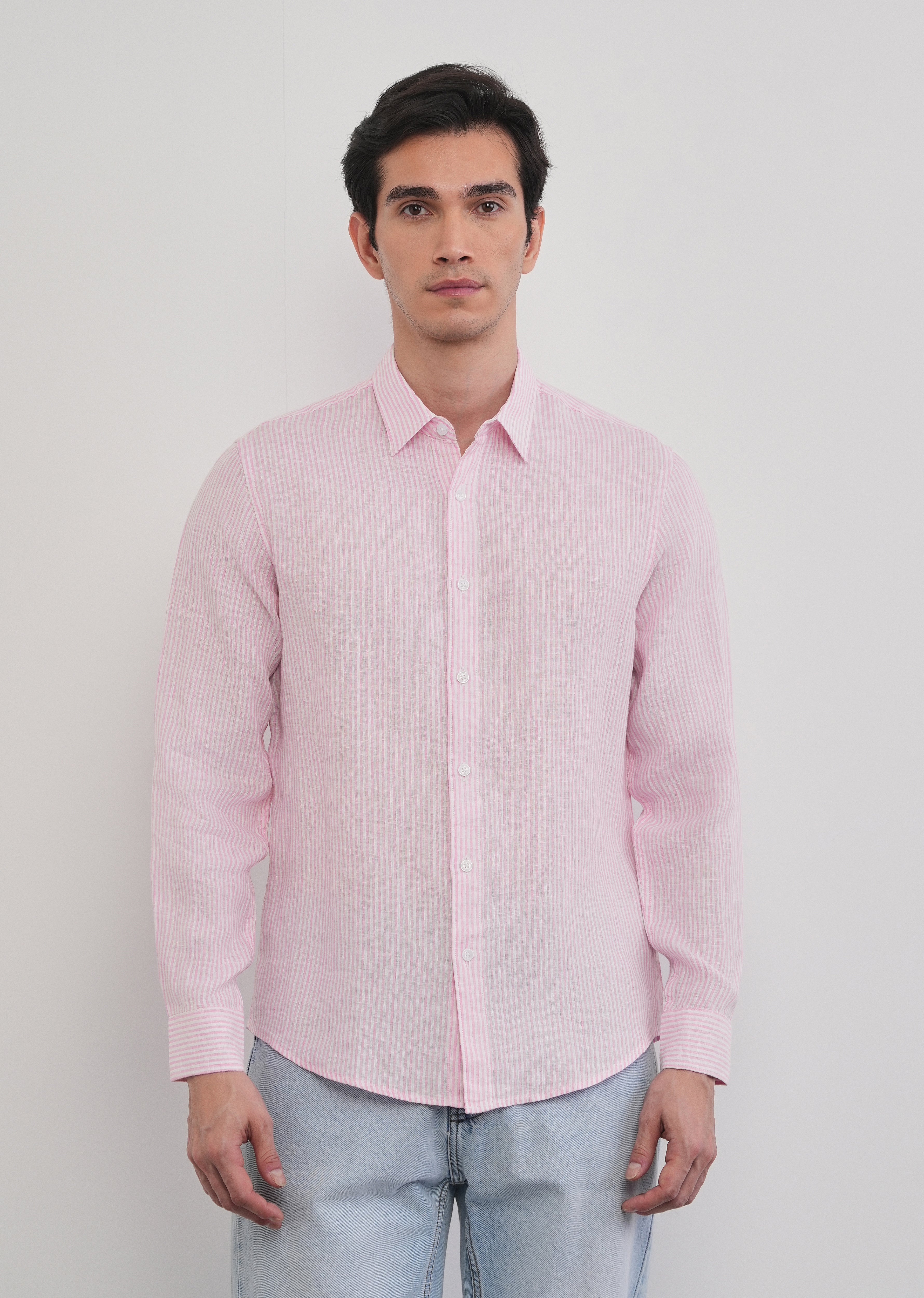 100% Linen Pink Self-Stripe Shirt
