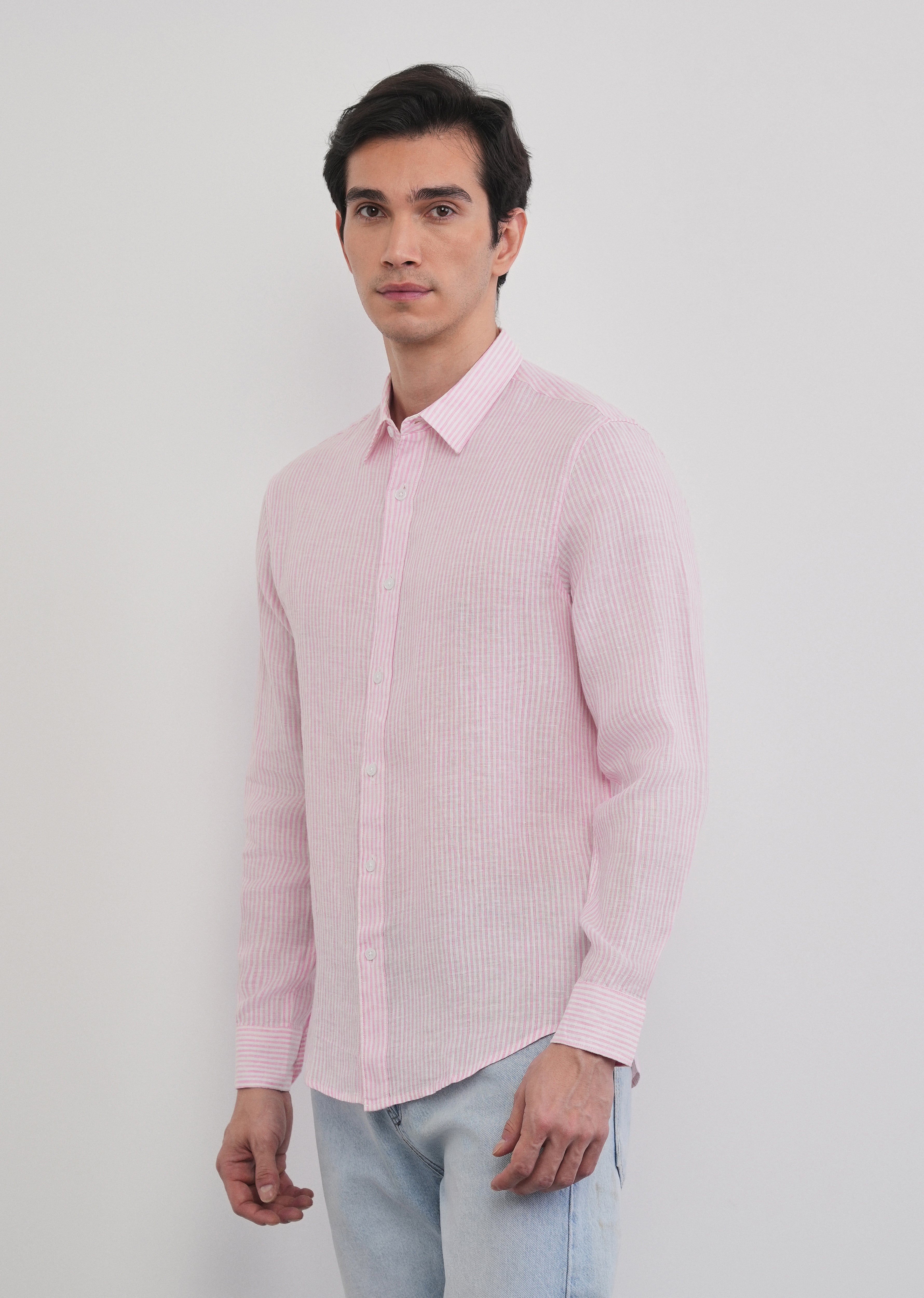 100% Linen Pink Self-Stripe Shirt
