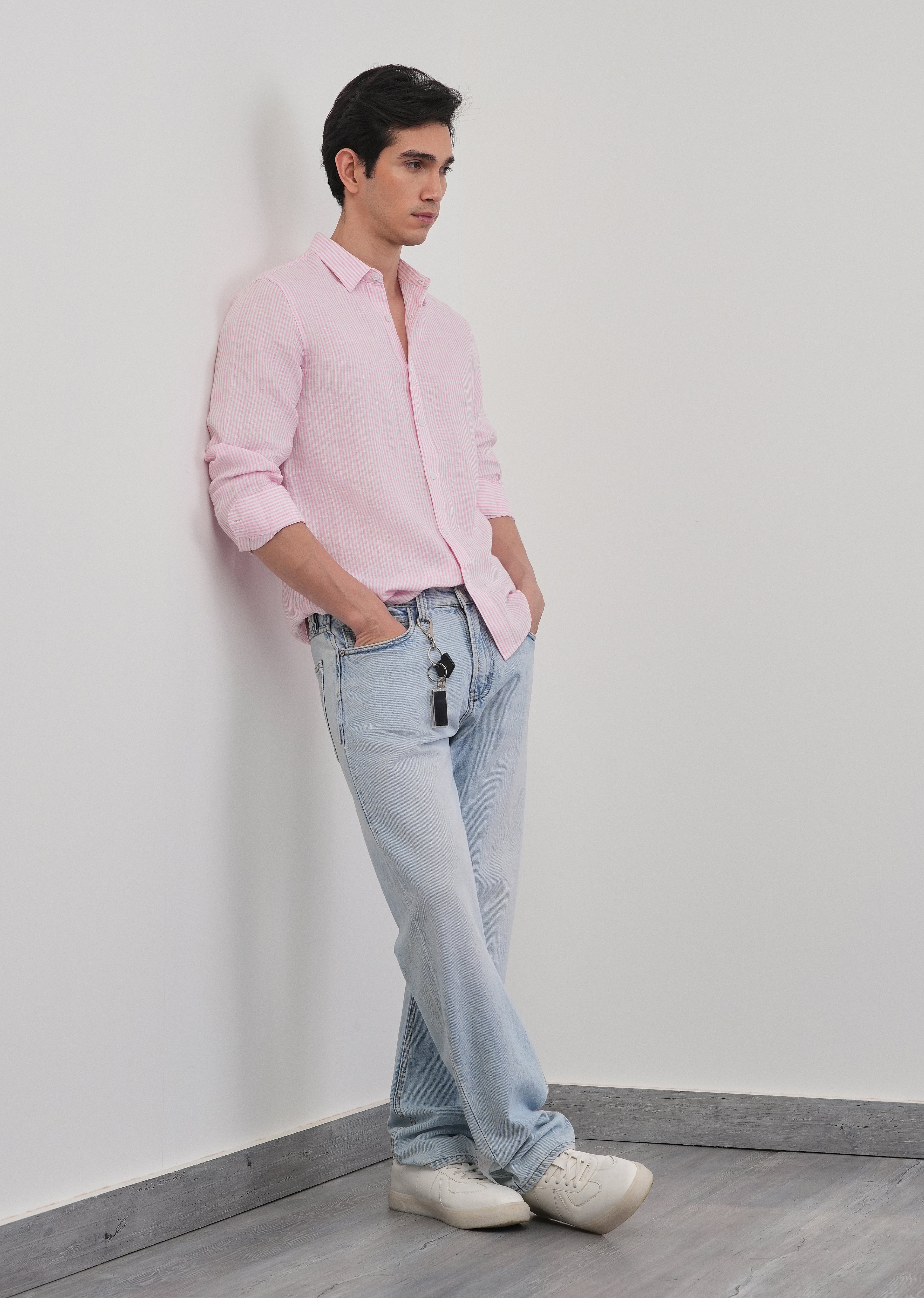 100% Linen Pink Self-Stripe Shirt