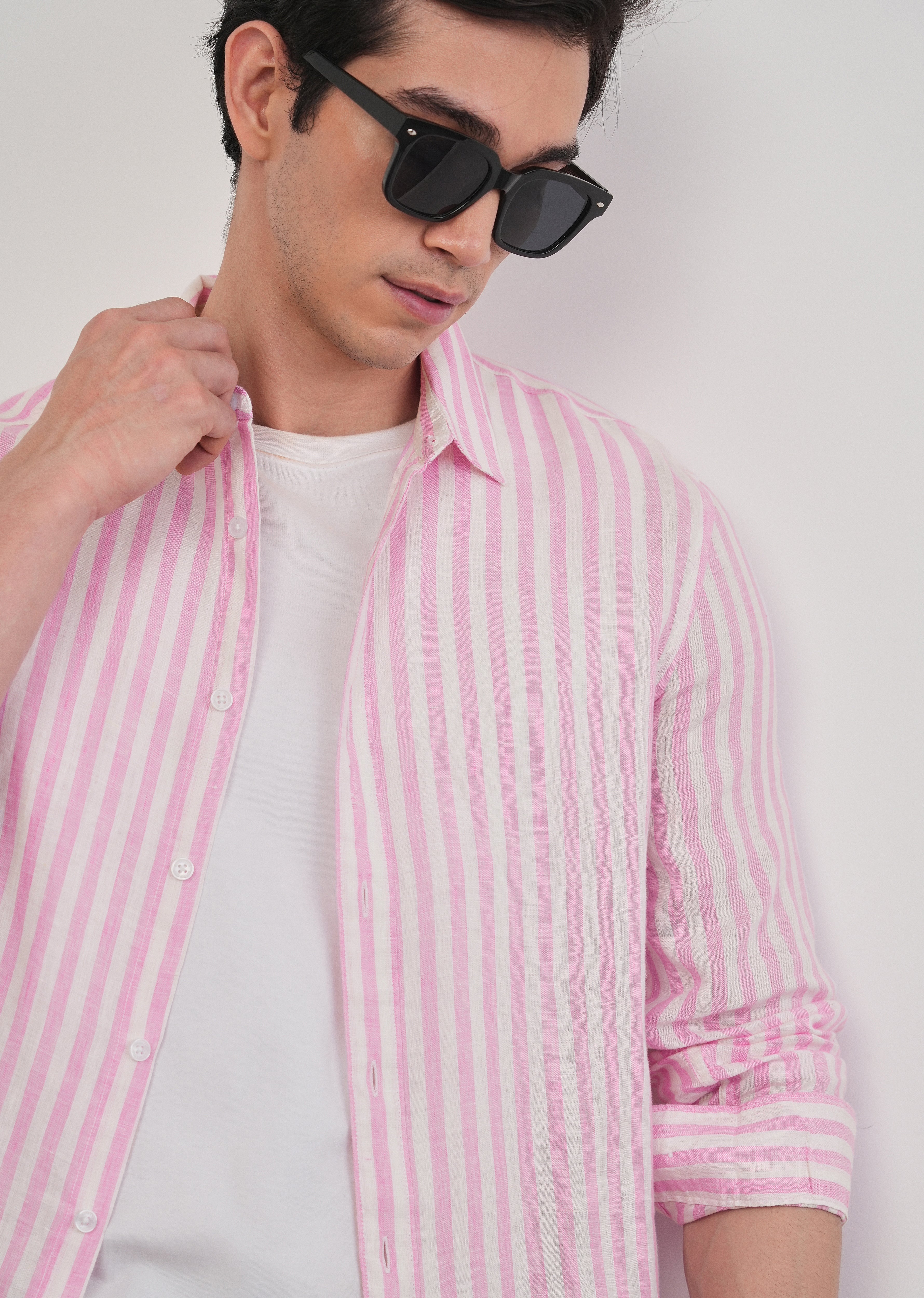 100% Linen Pink Stripe Shirt
