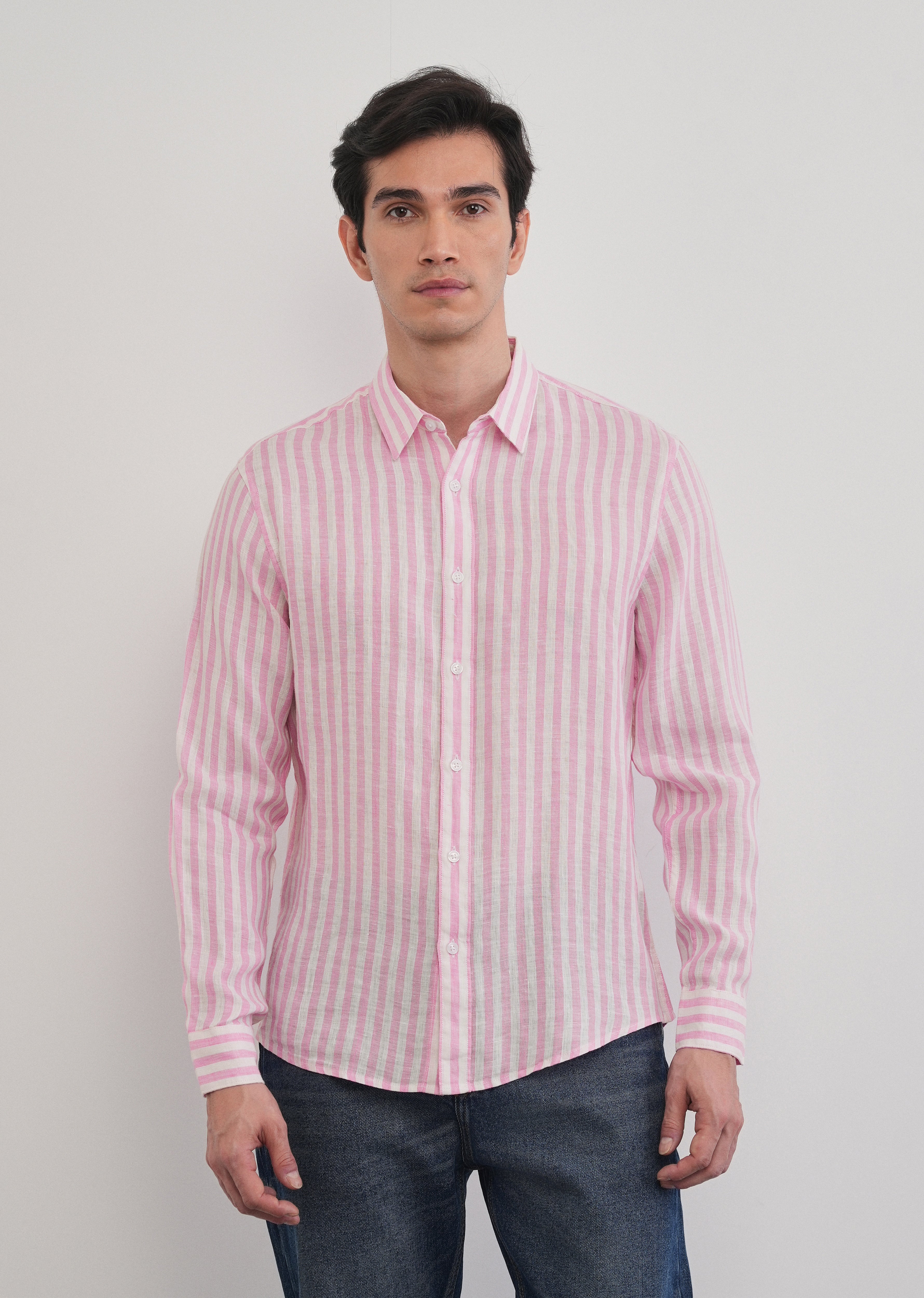 100% Linen Pink Stripe Shirt