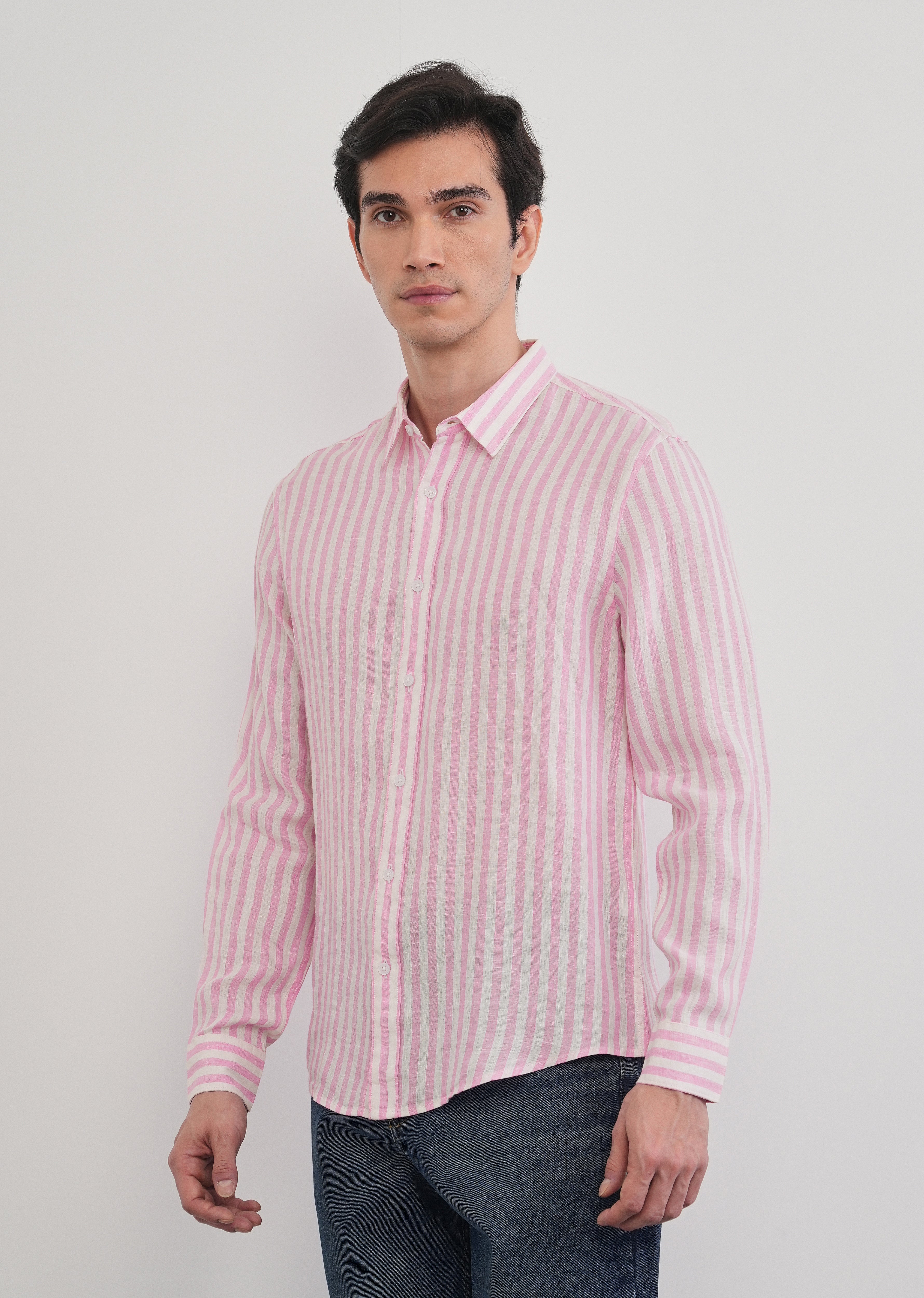 100% Linen Pink Stripe Shirt