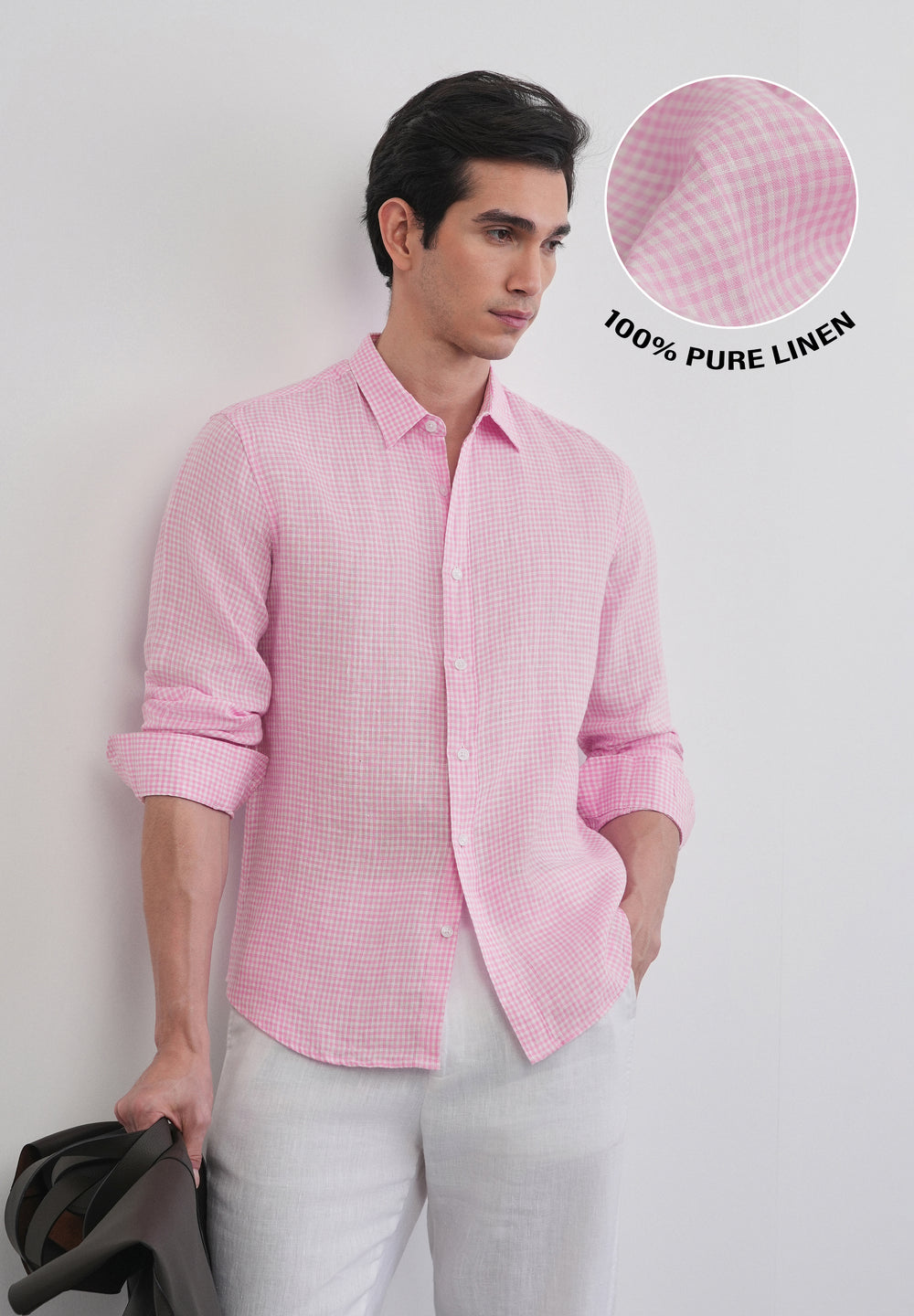 Pink 100% Pure Linen Gingham Check Shirt