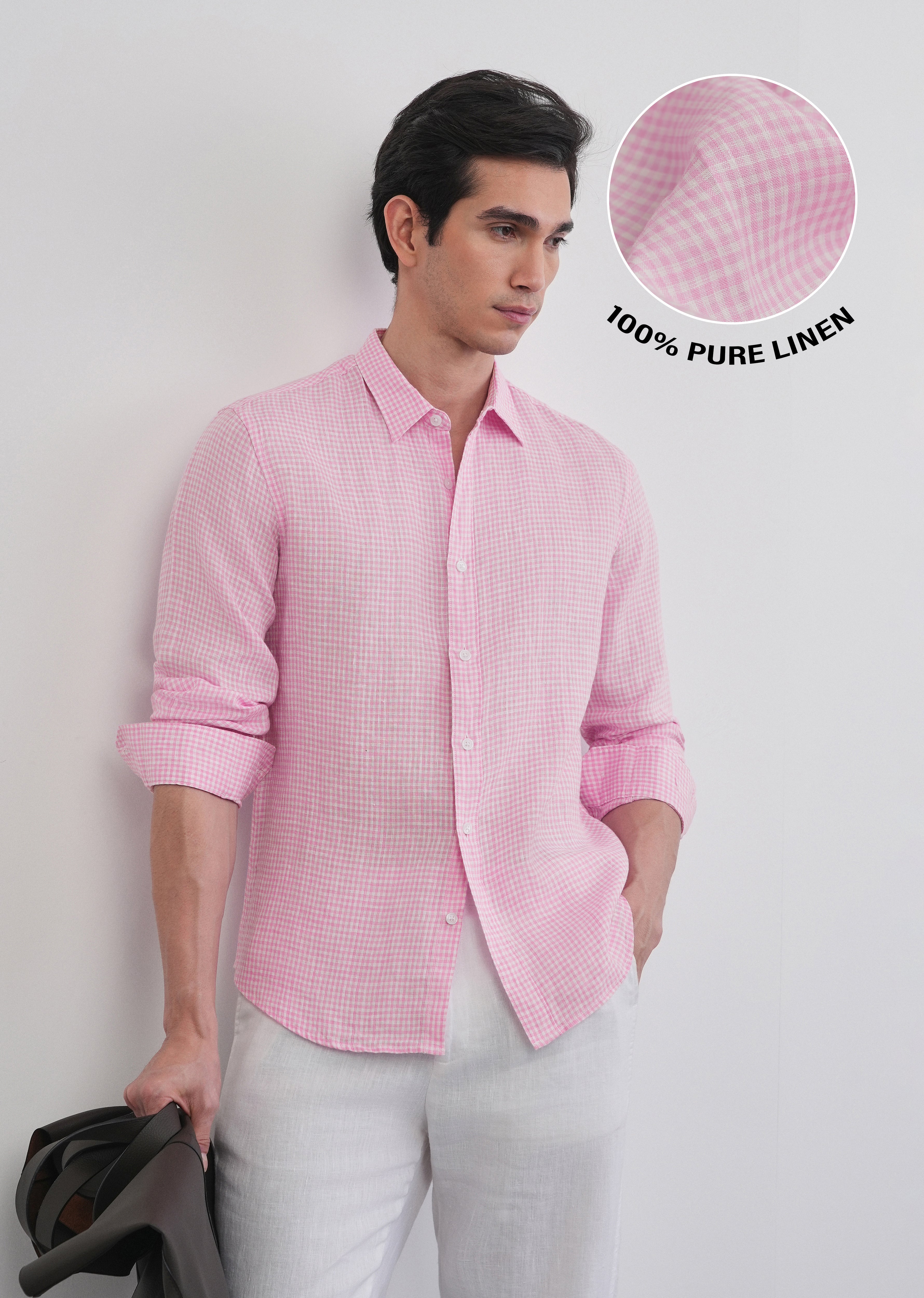 Pink 100% Pure Linen Gingham Check Shirt