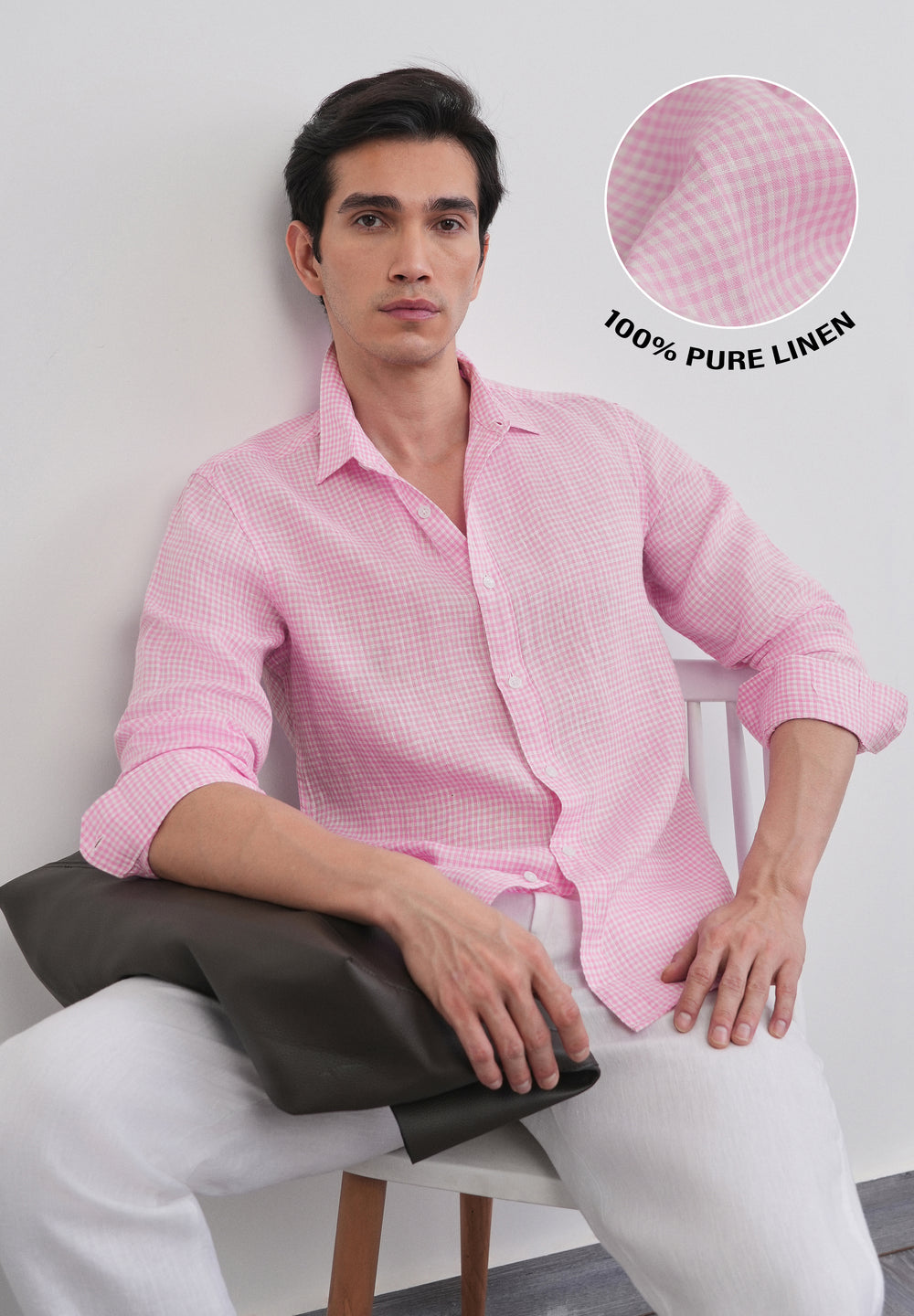 Pink 100% Pure Linen Gingham Check Shirt