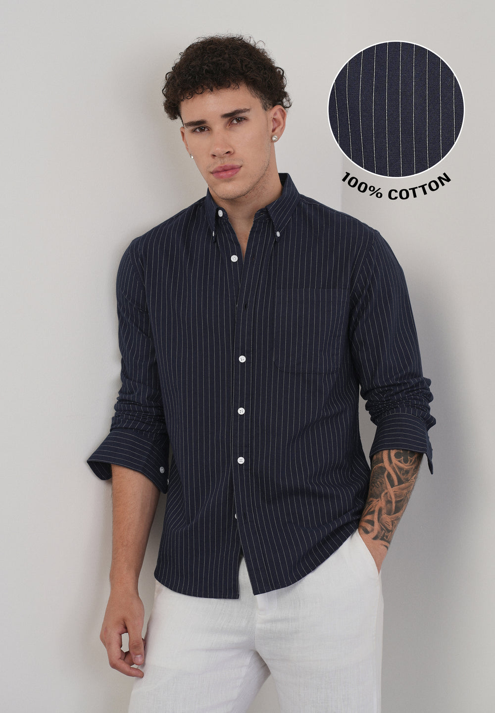 Pinstriped Navy Blue Cotton Shirt