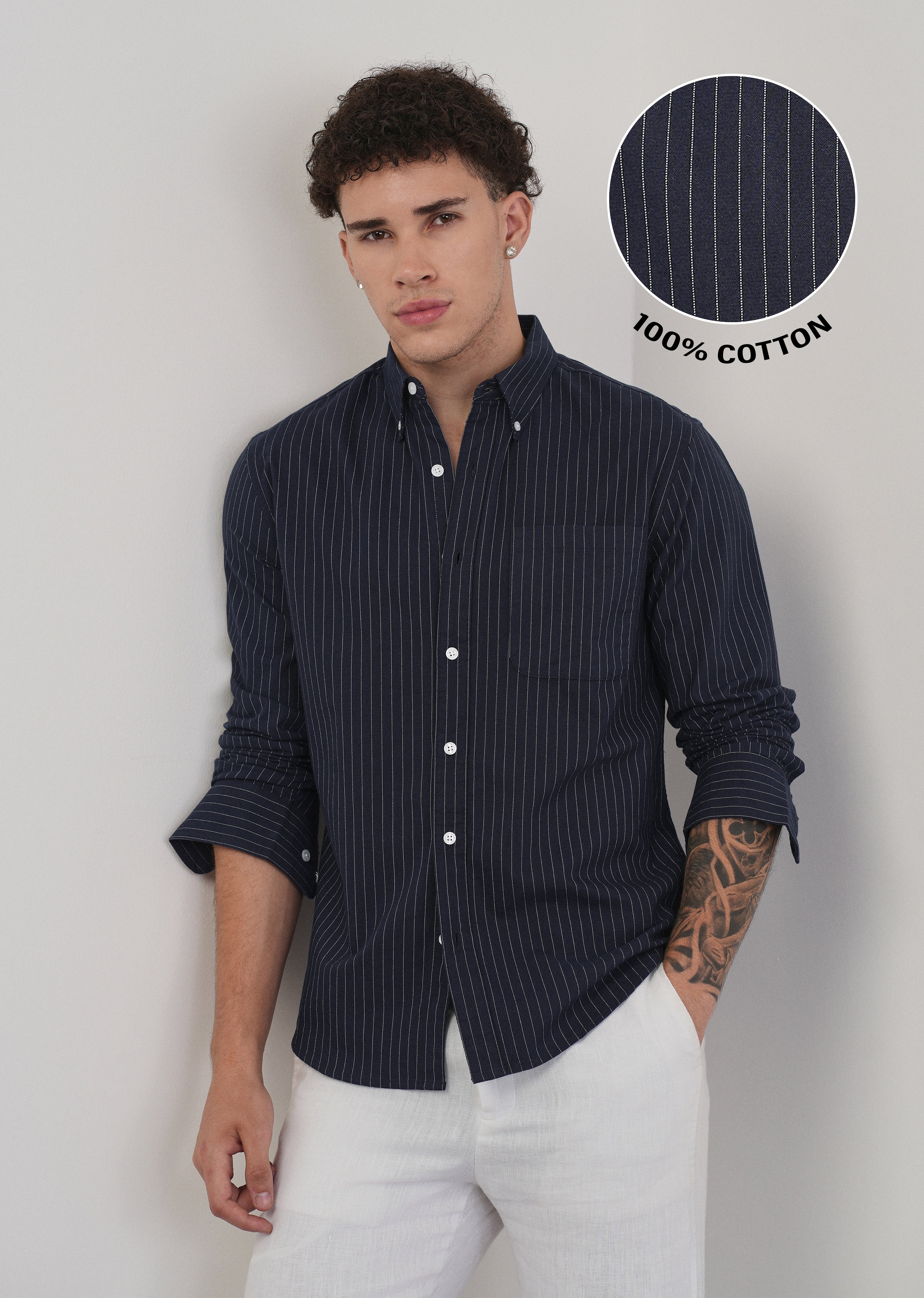 Pinstriped Navy Blue Cotton Shirt