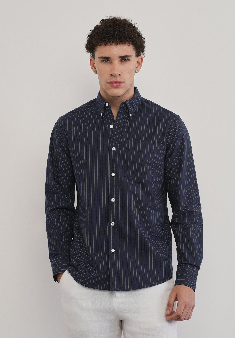 Pinstriped Navy Blue Cotton Shirt
