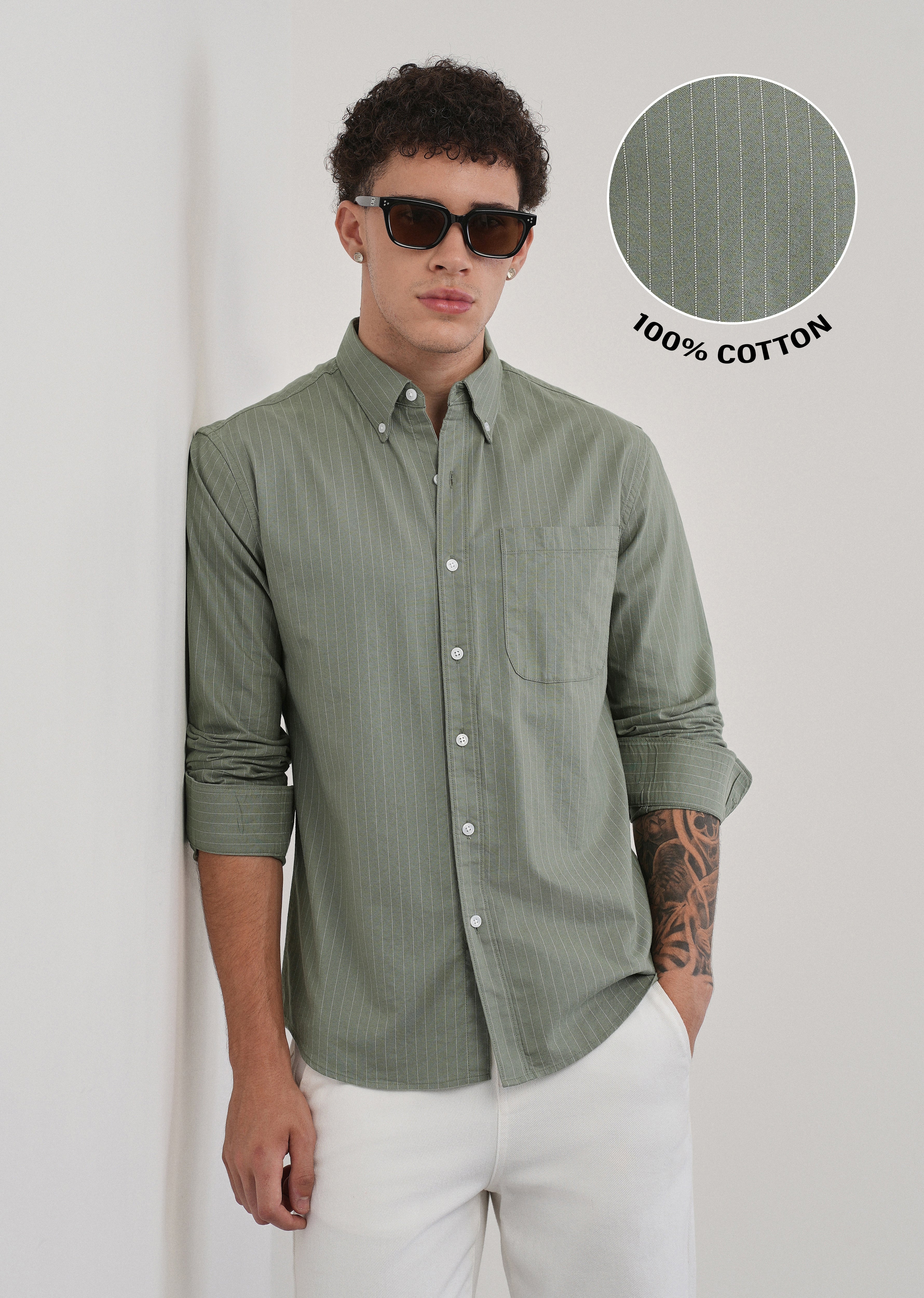 Pinstriped Sage Green Cotton Shirt