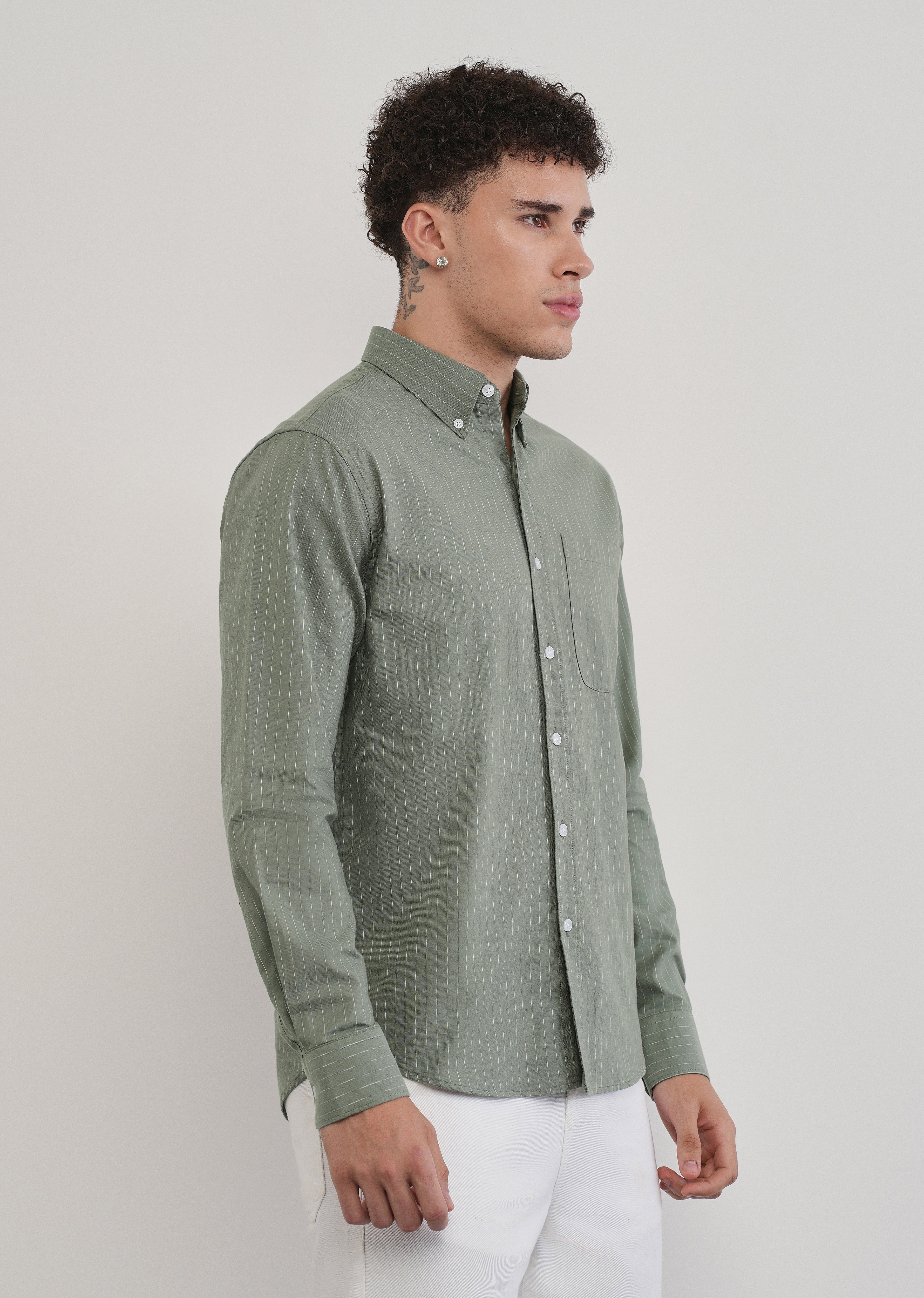 Pinstriped Sage Green Cotton Shirt