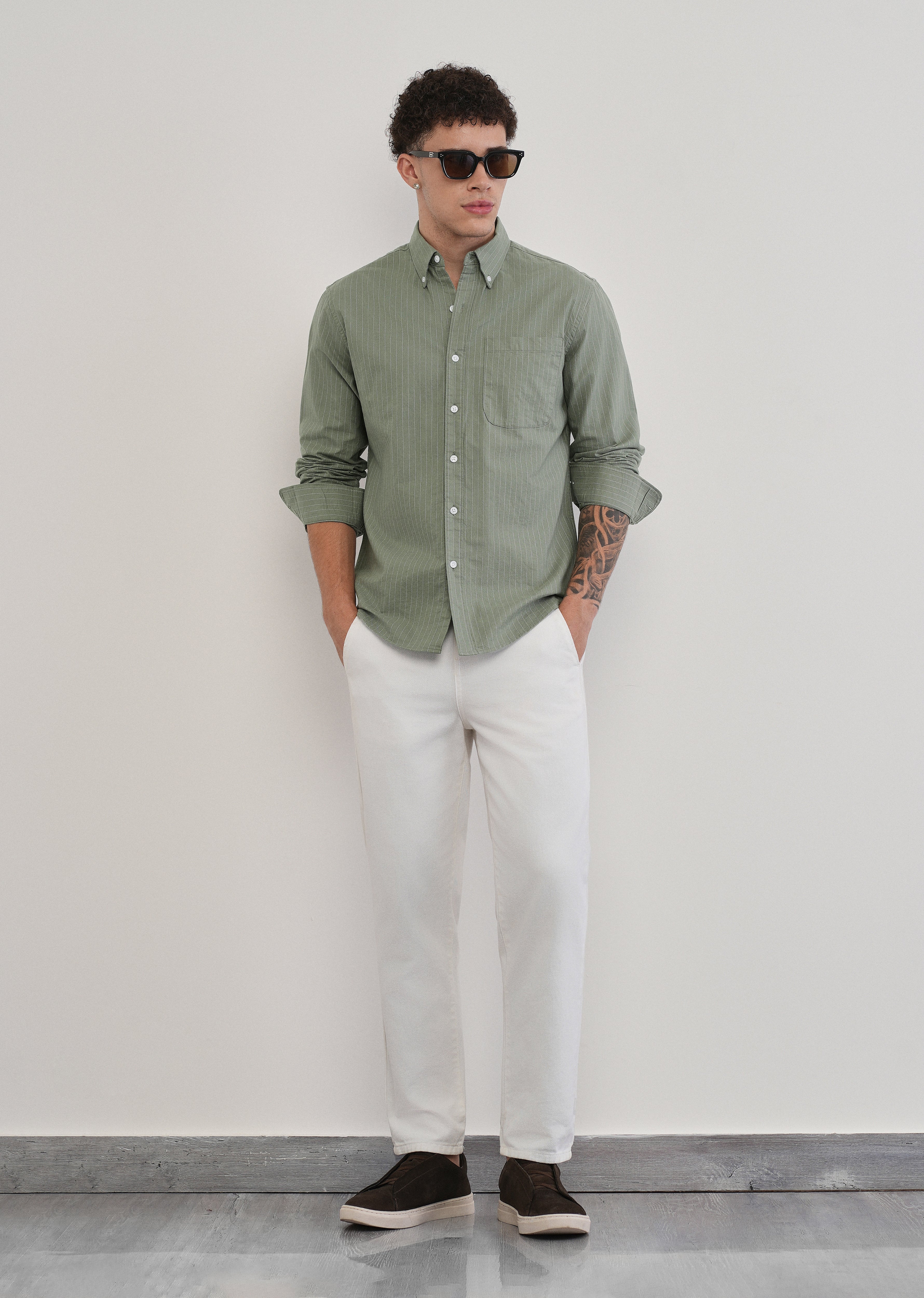 Pinstriped Sage Green Cotton Shirt