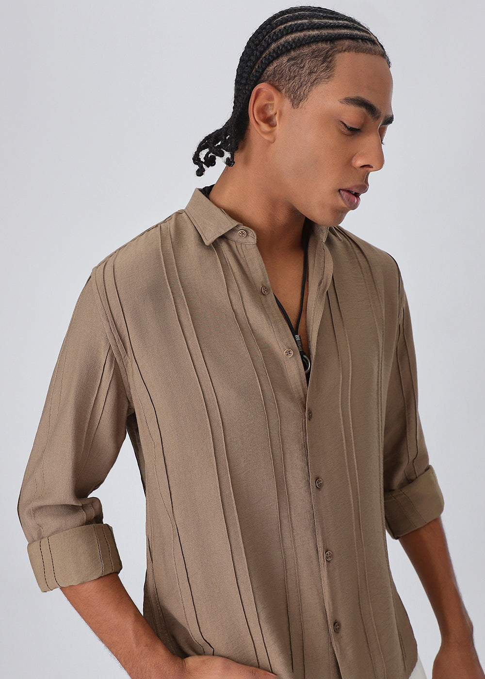 Pintucked Tan Brown Plain Shirt