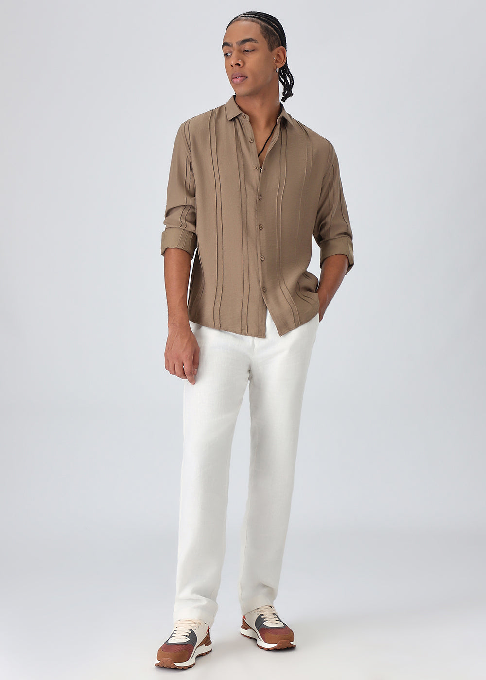 Pintucked Tan Brown Plain Shirt