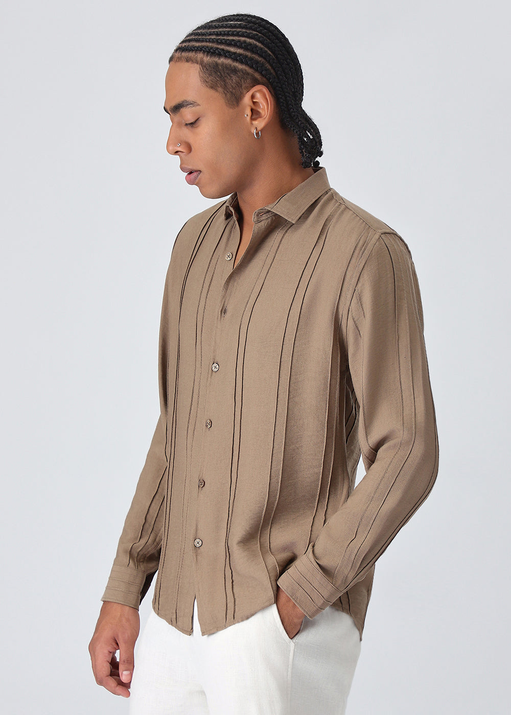 Pintucked Tan Brown Plain Shirt