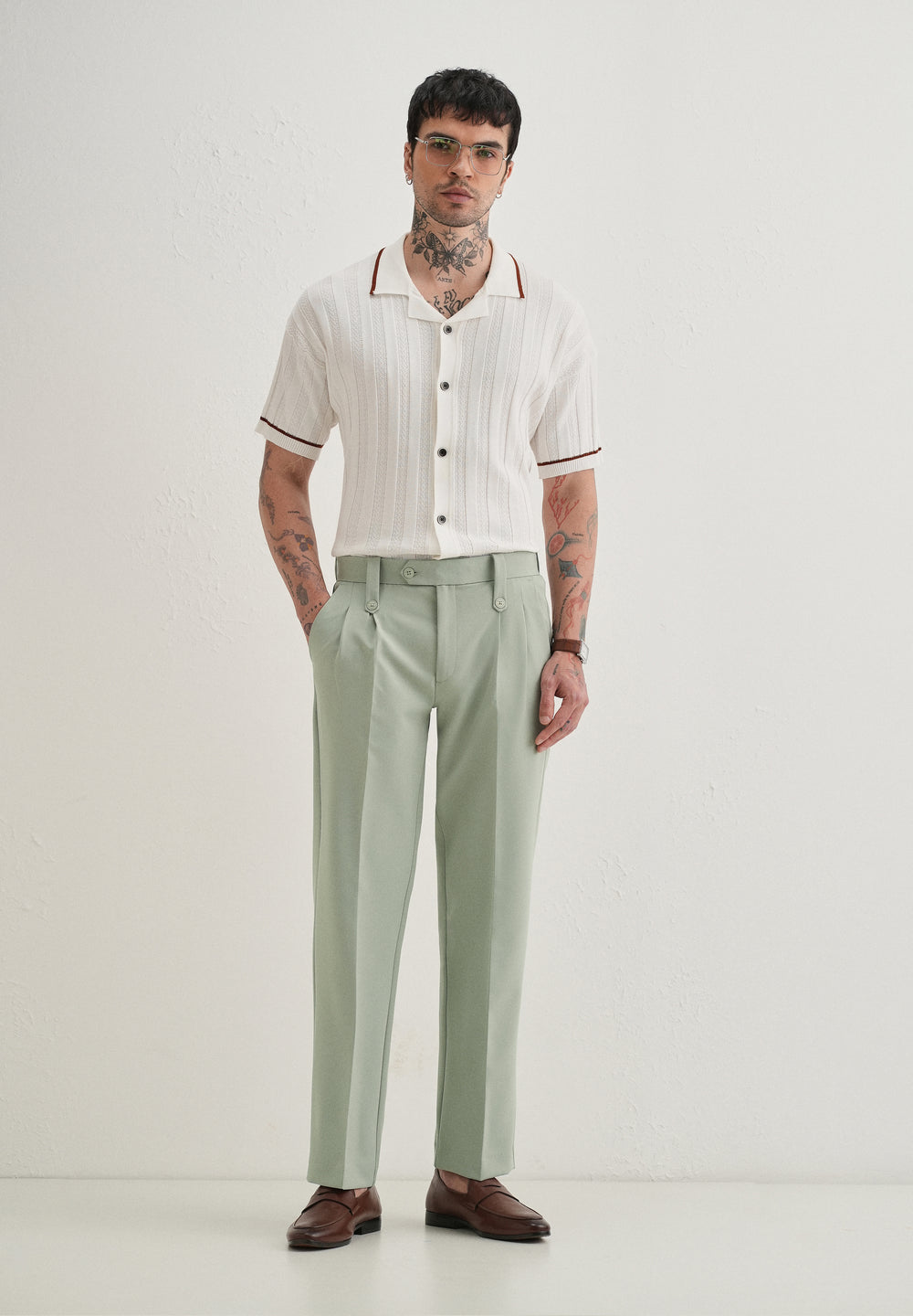 Pistachio Green Button-Tab Pleat Trouser