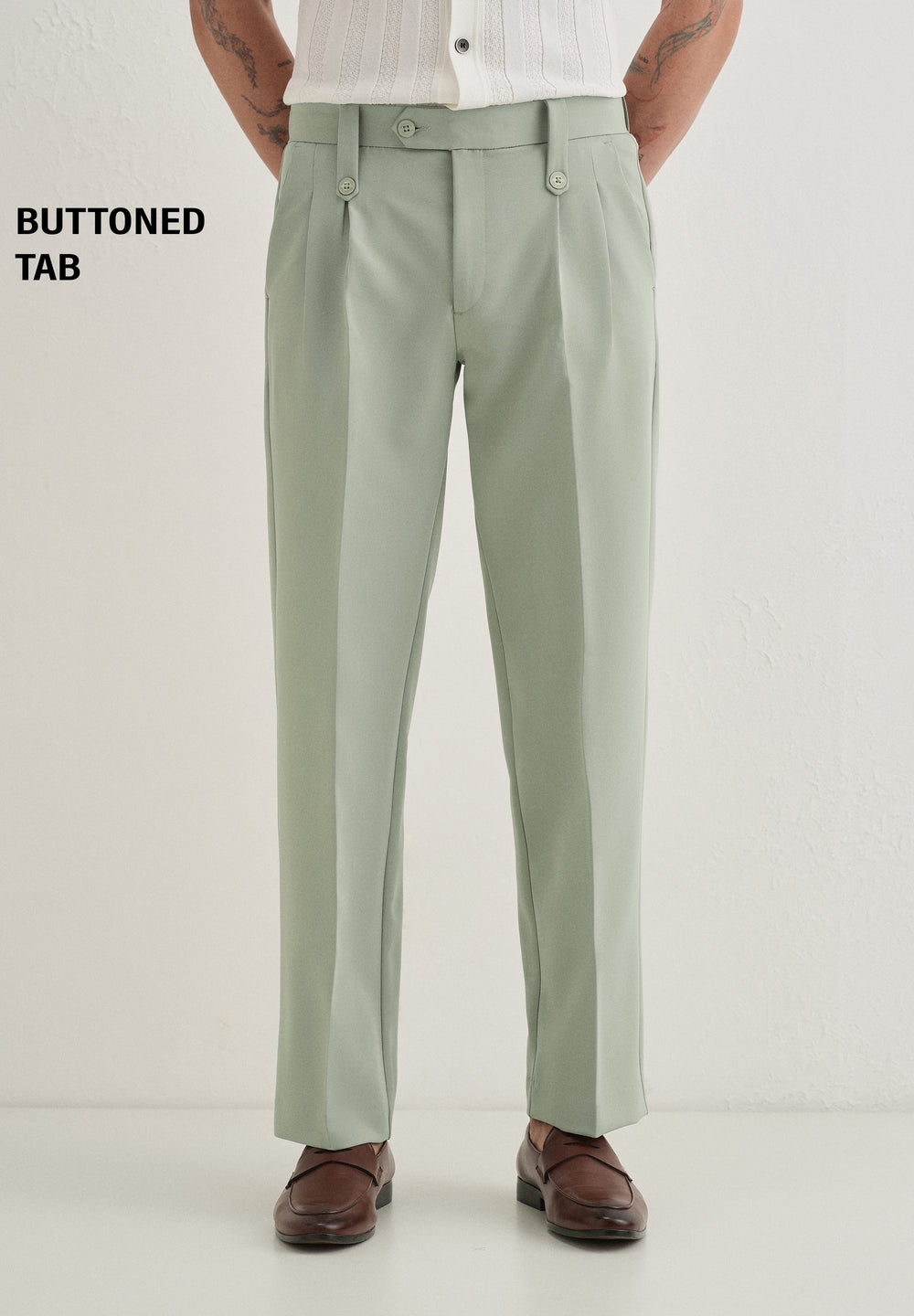 Pistachio Green Button-Tab Pleat Trouser