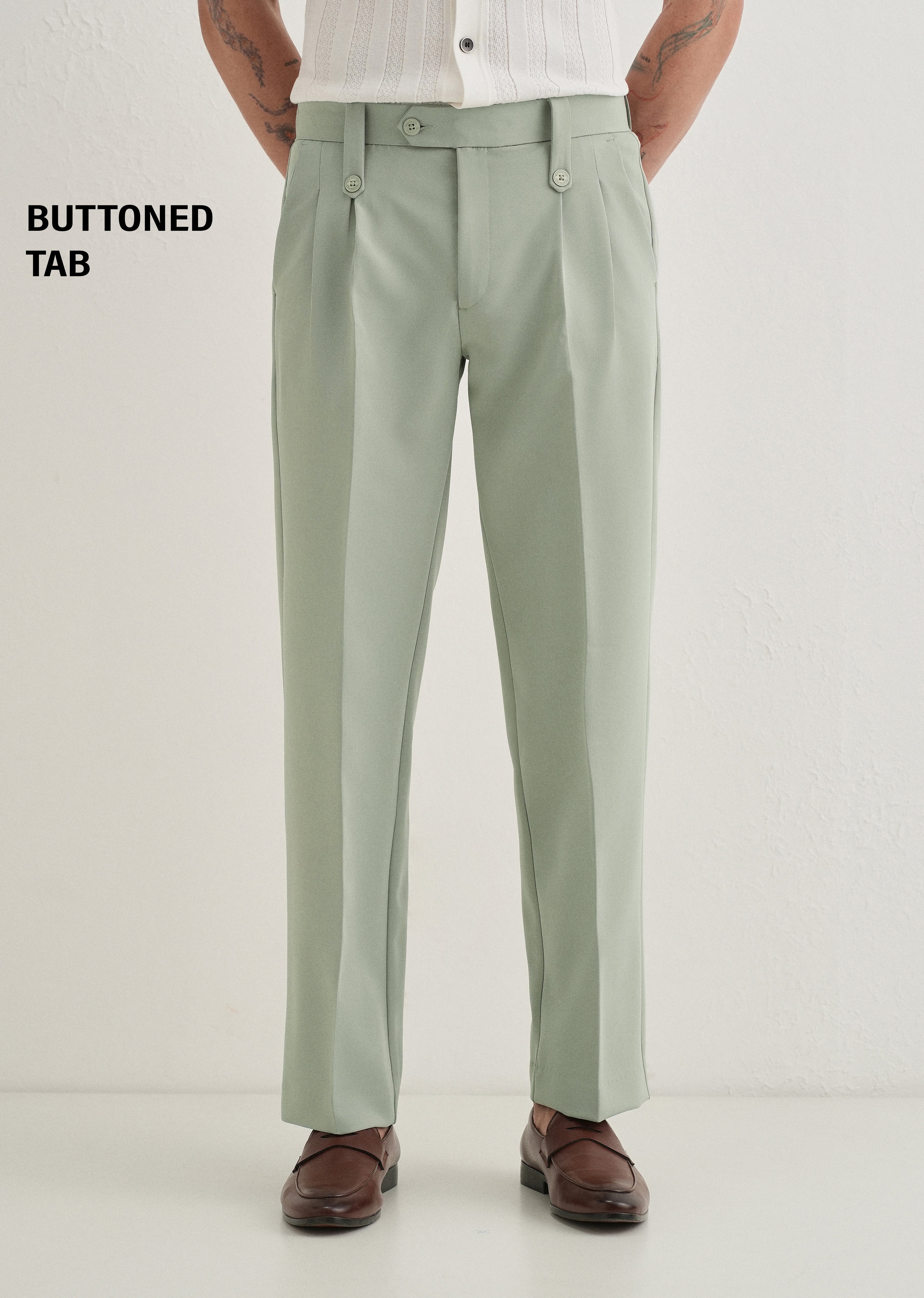 Pistachio Green Button-Tab Pleat Trouser