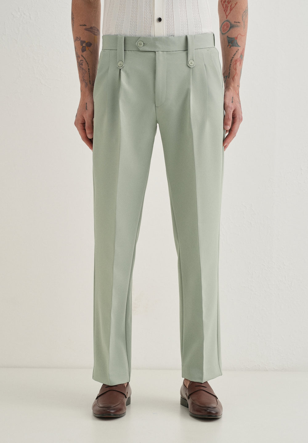 Pistachio Green Button-Tab Pleat Trouser