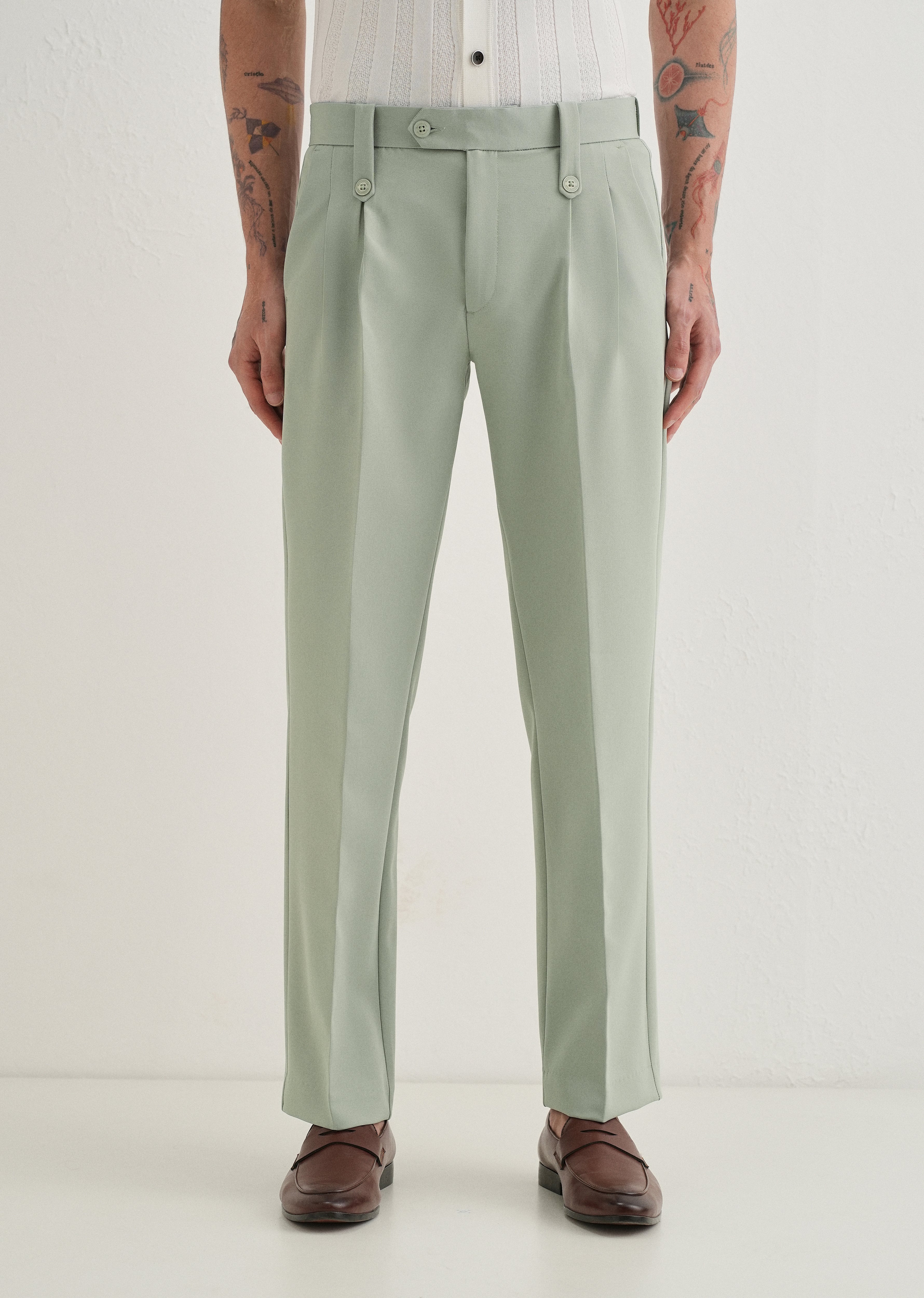 Pistachio Green Button-Tab Pleat Trouser