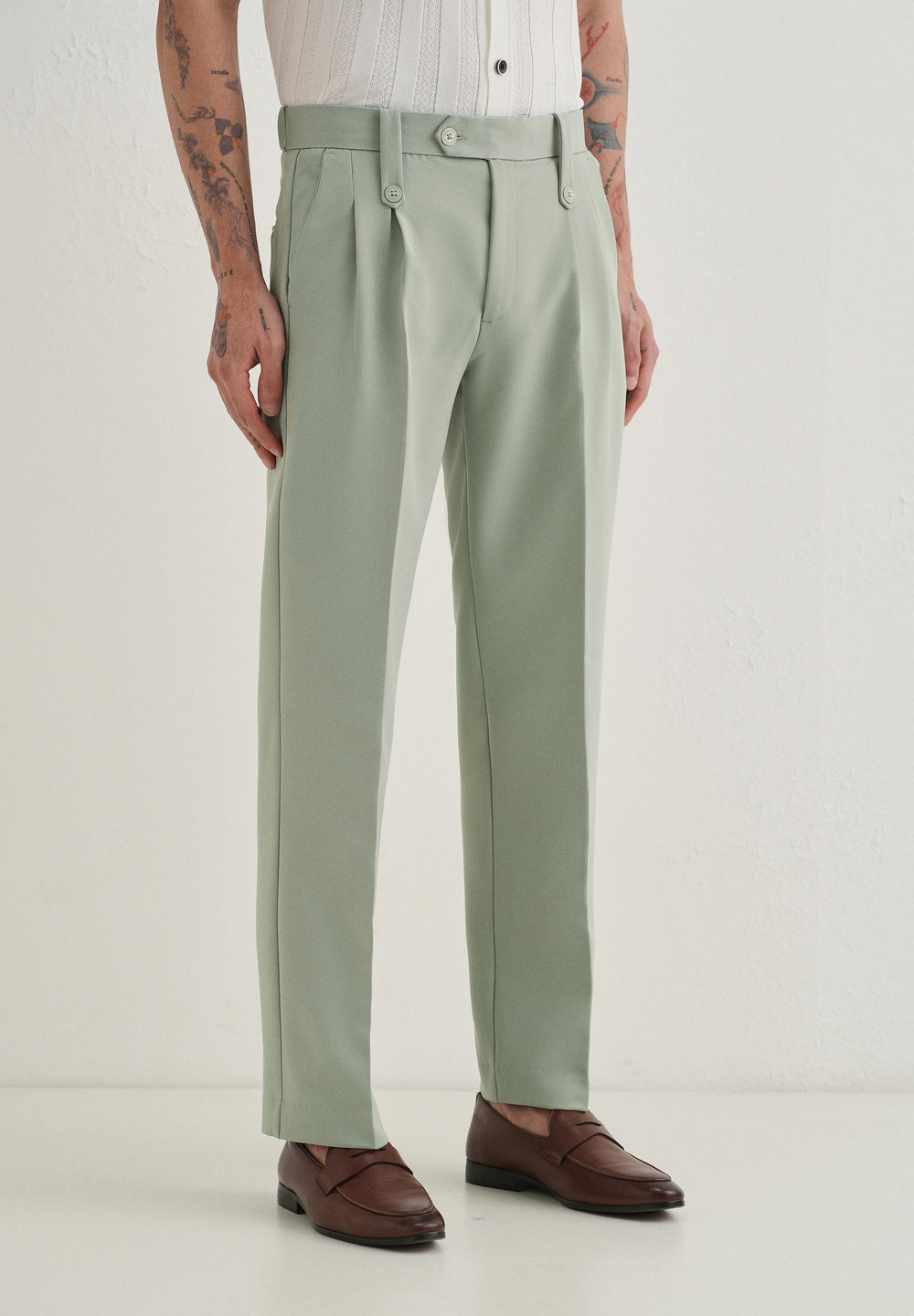 Pistachio Green Button-Tab Pleat Trouser
