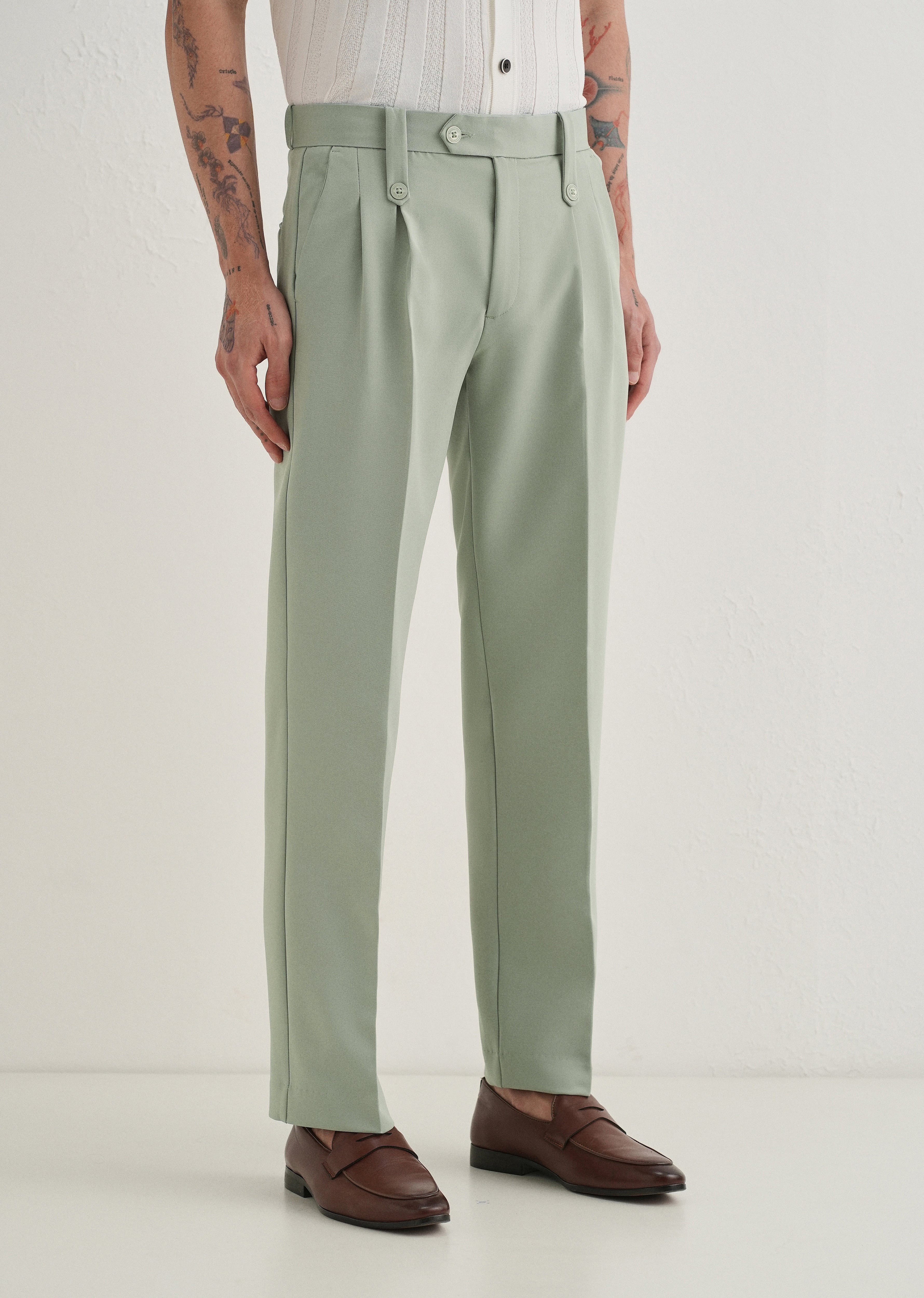 Pistachio Green Button-Tab Pleat Trouser