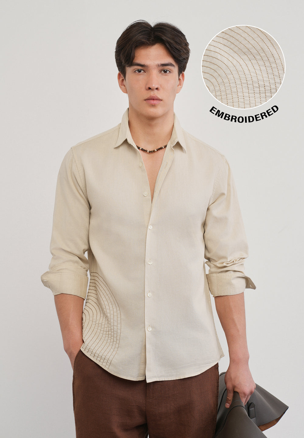 Placement Embroidered Beige Shirt