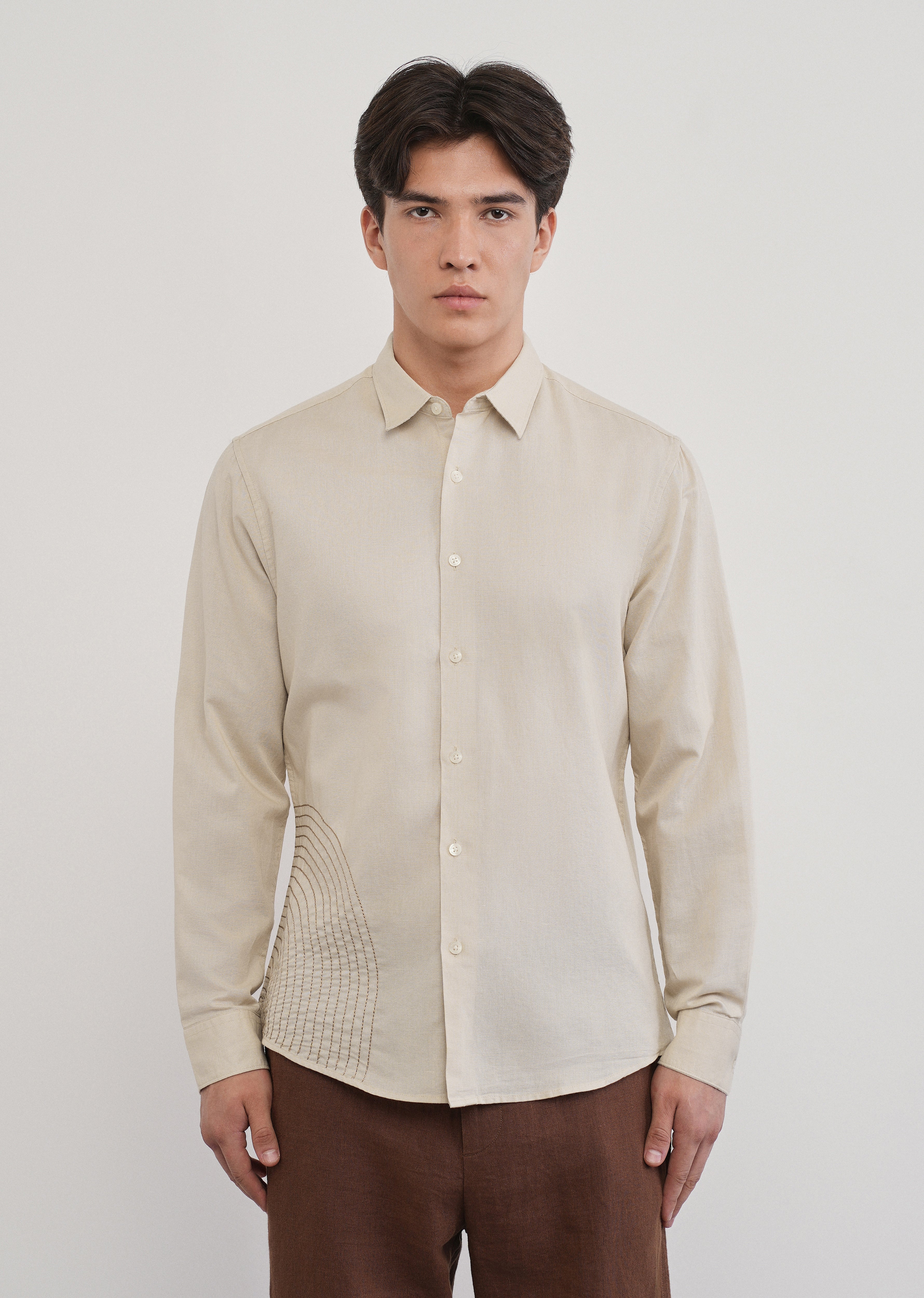 Placement Embroidered Beige Shirt