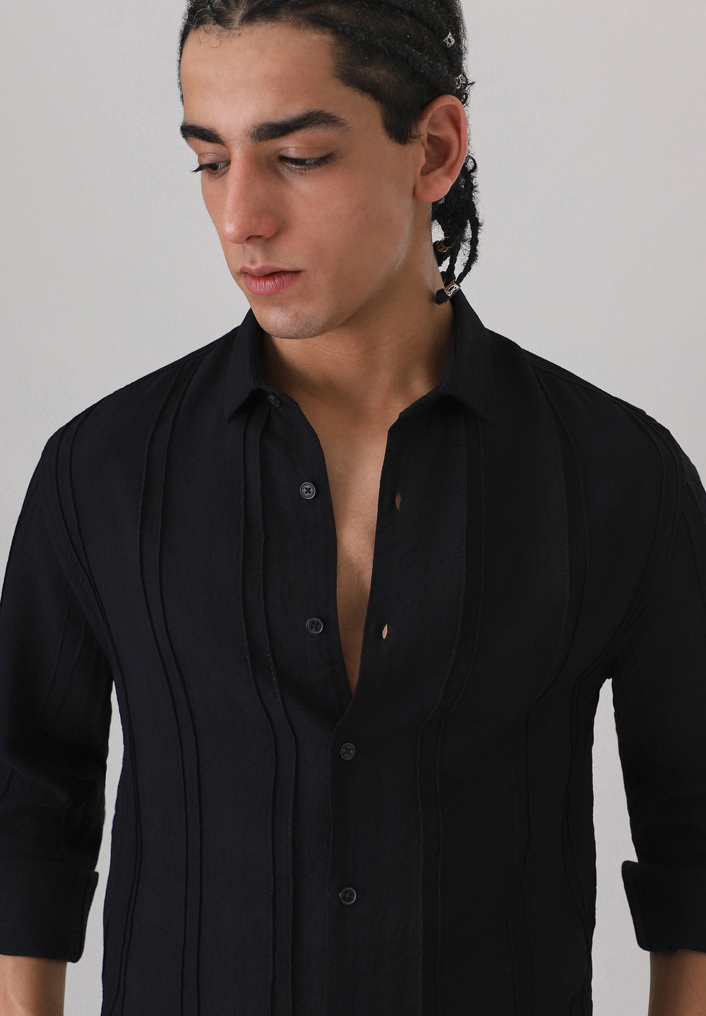 Pintucked Black Plain shirt